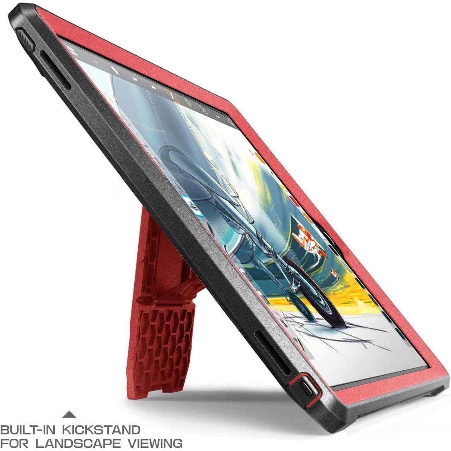 Rote Tablet-Schutzhülle mit integriertem Ständer, der ein Tablet in Querformat auf weißem Hintergrund hält; der Text lautet „INTEGRIERTER STÄNDER ZUM ANSCHAUEN IM QUERFORMAT".