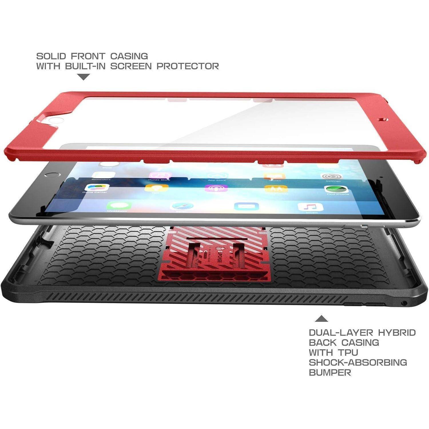 Explodierte Ansicht einer Tablet-Schutzhülle mit rotem Frontgehäuse und Displayschutz über einem Tablet, plus schwarzem zweischichtigem Rückgehäuse mit TPU-Stoßdämpfer-Bumper.