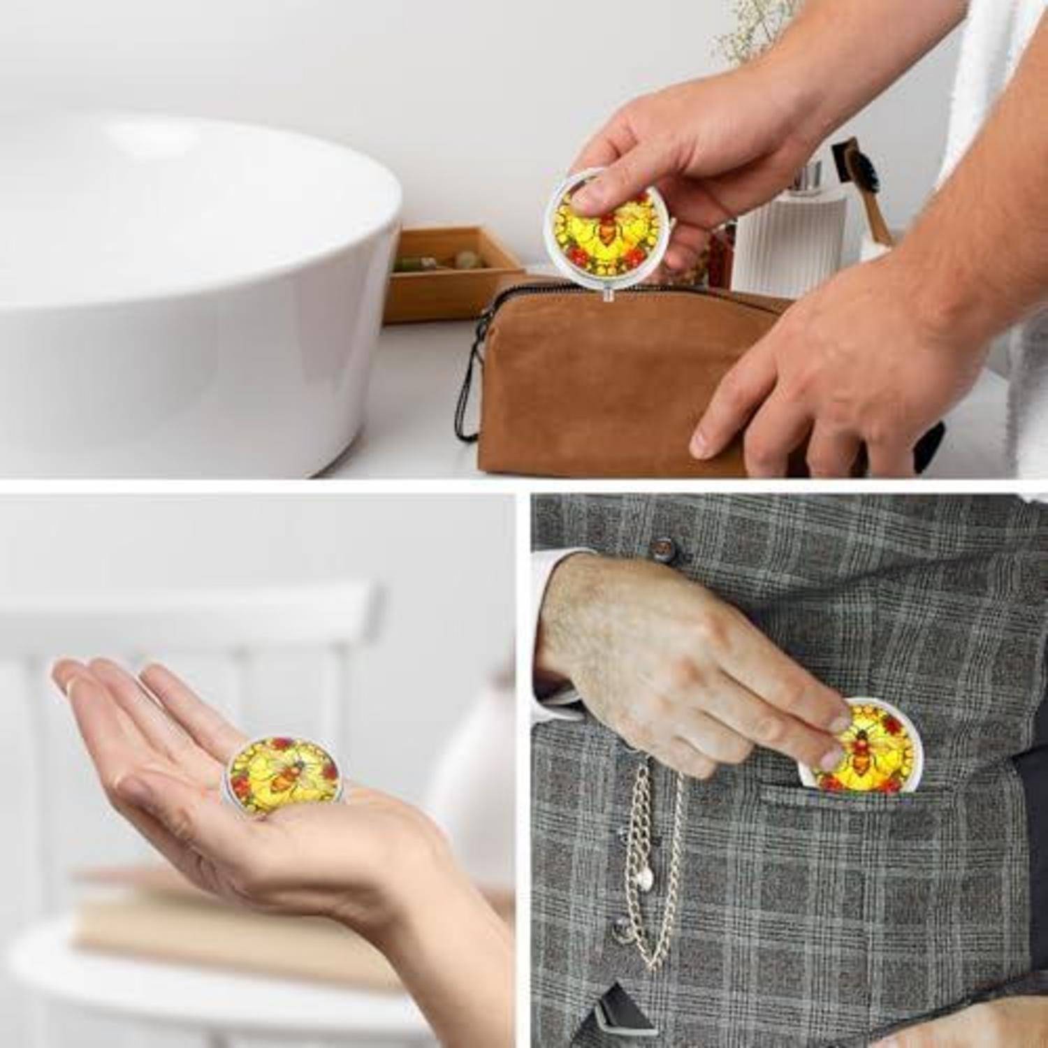 Collage, das einen kleinen runden dekorativen Anstecker oder Kompakt zeigt, der in eine braune Tasche gelegt wird und in einer Hand und Jackentasche angezeigt wird.