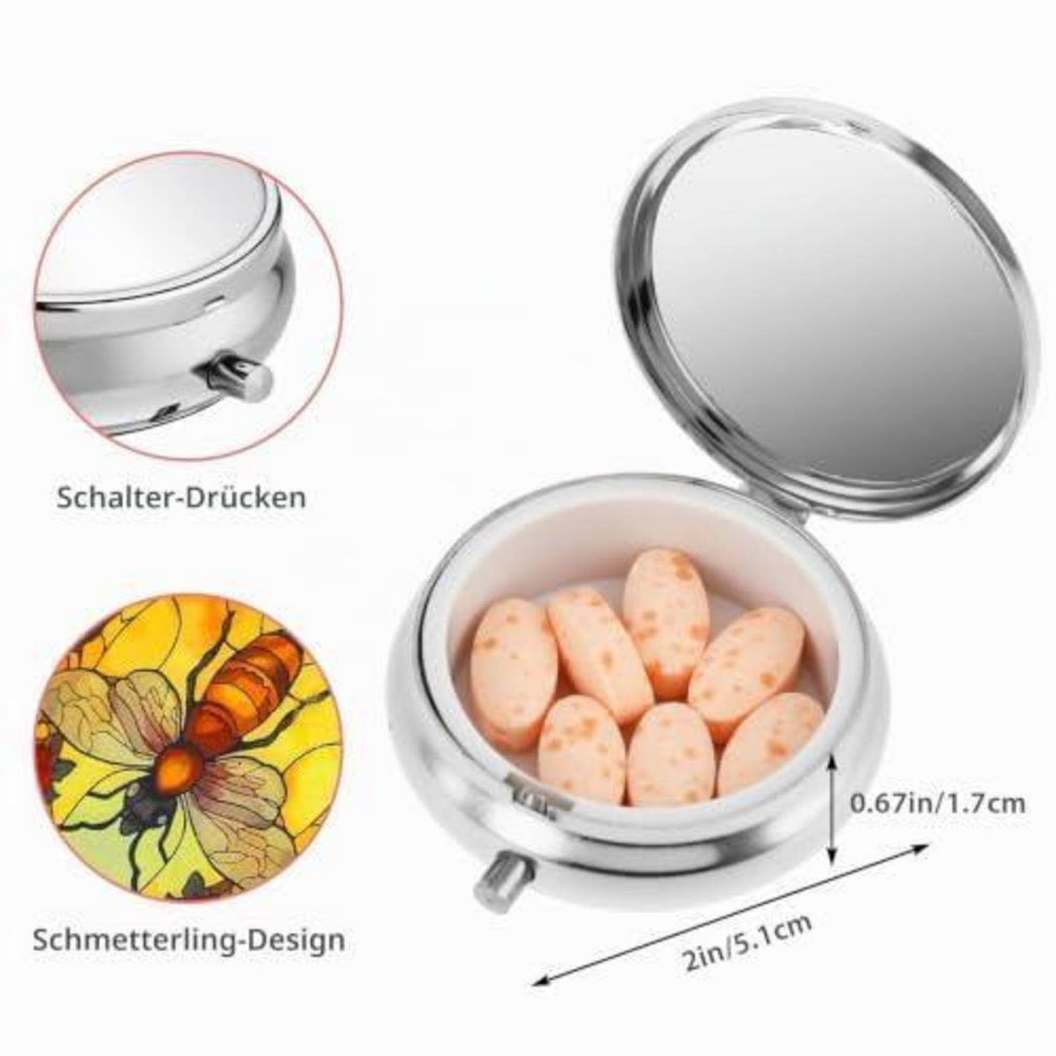 Silberner Pillendose mit Scharnierdeckel und Druckknopf-Freigabe, geöffnet dargestellt mit Fächern und gekennzeichneten Abmessungen 2 Zoll/5,1 cm und 0,67 Zoll/1,7 cm; beinhaltet Schmetterlingsmotiv-Detail.