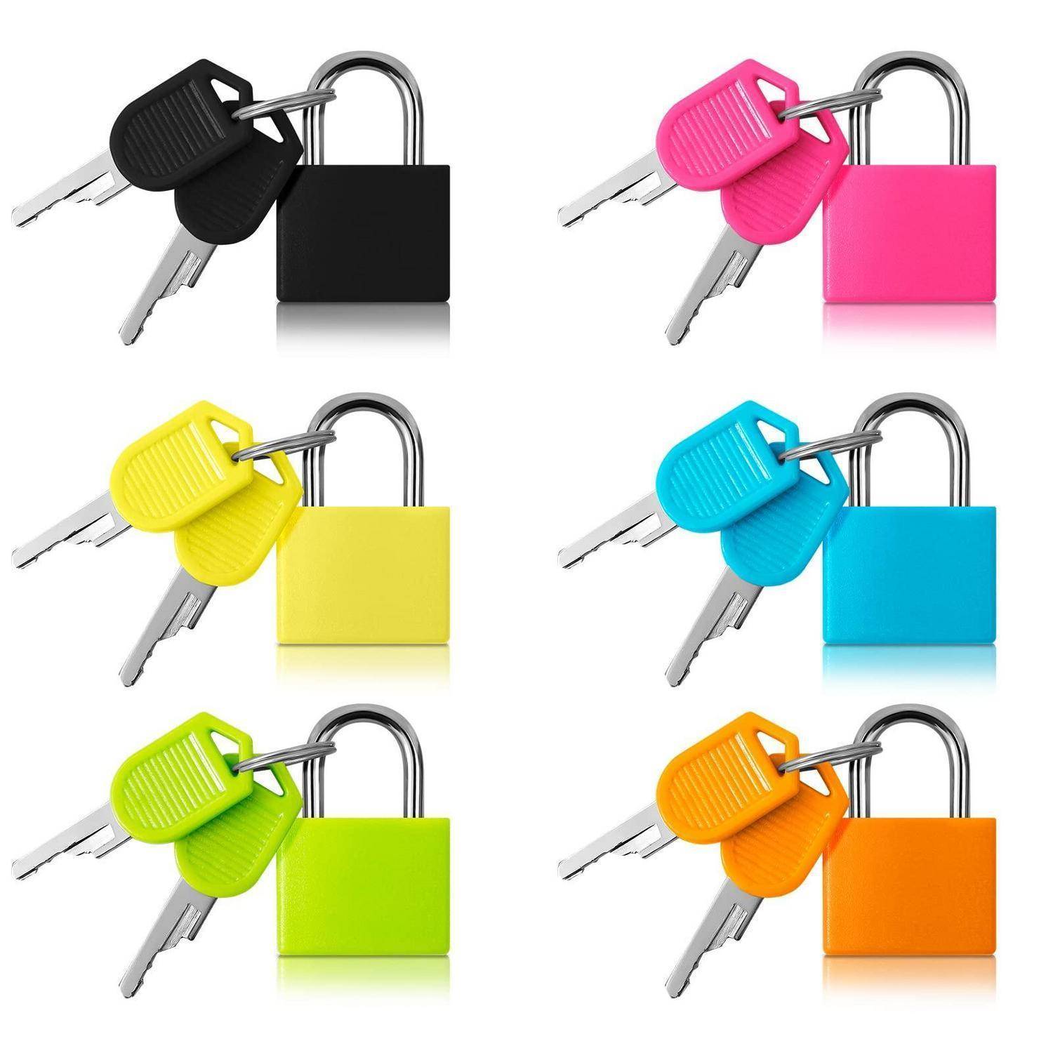 Sechs Vorhängeschlösser mit Schlüsseln, dargestellt in Schwarz, Rosa, Gelb, Blau, Grün und Orange auf weißem Hintergrund.
