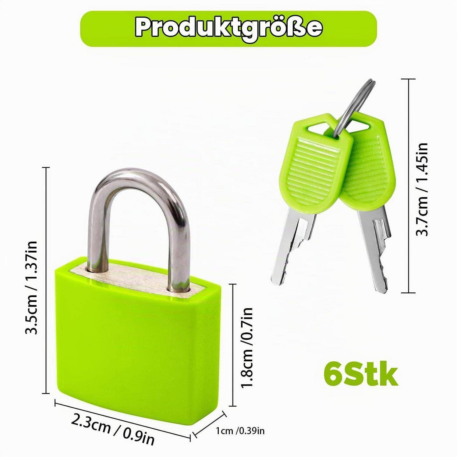 Produktgrößendiagramm mit einem grünen Vorhängeschloss und zwei Schlüsseln, beschriftet mit „Produktgröße" und „6Stk"", mit Abmessungen in cm und Zoll.