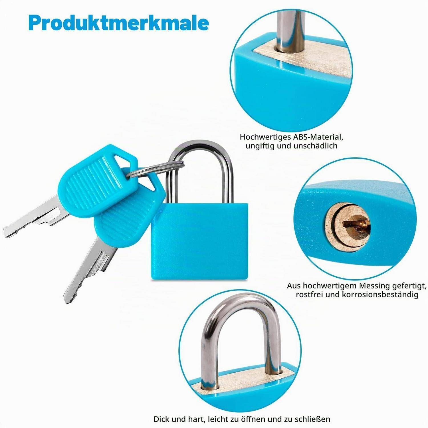 Diagramm eines blauen Vorhängeschlosses mit Schlüsseln und drei Nahaufnahmen, die Produktmerkmale hervorheben: ABS-Gehäuse, Messingzylinder und dickes Metallbügel.