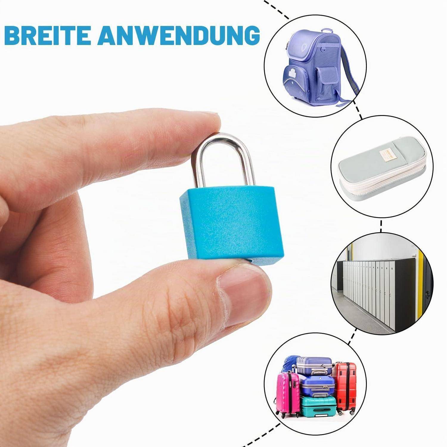 Hand hält ein blaues Vorhängeschloss, mit „BREITE ANWENDUNG" und Beispielkreisen, die zeigen, dass es für einen Rucksack, einen Koffer, Spinde und Gepäck verwendet wird.