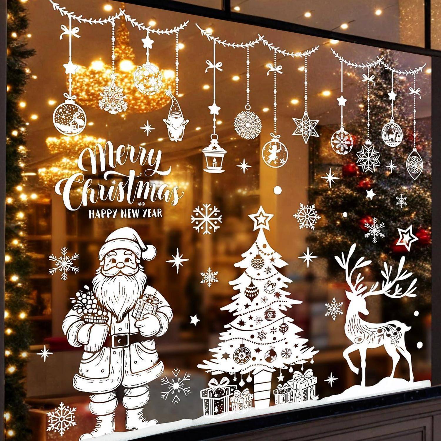 Weihnachtsschaufenster-Display mit „Frohe Weihnachten und ein glückliches neues Jahr