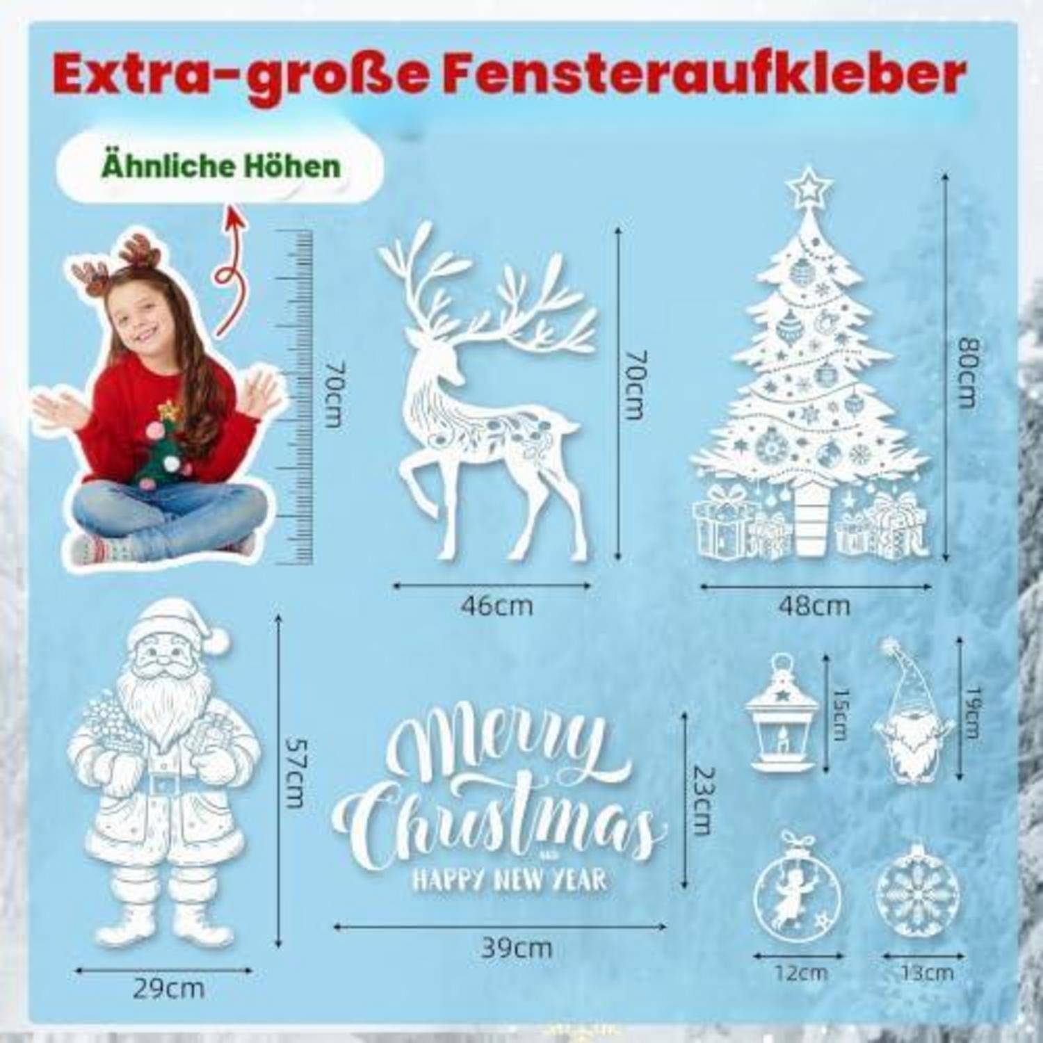 Weihnachts-Fensteraufkleber-Set mit der Bezeichnung „Extra-große Fensteraufkleber", zeigt festliche Aufkleber mit den Größen: Rentier 70 cm, Baum 80 cm, Weihnachtsmann 57 cm, „Merry Christmas"" 39 cm und kleine Ornamente.
