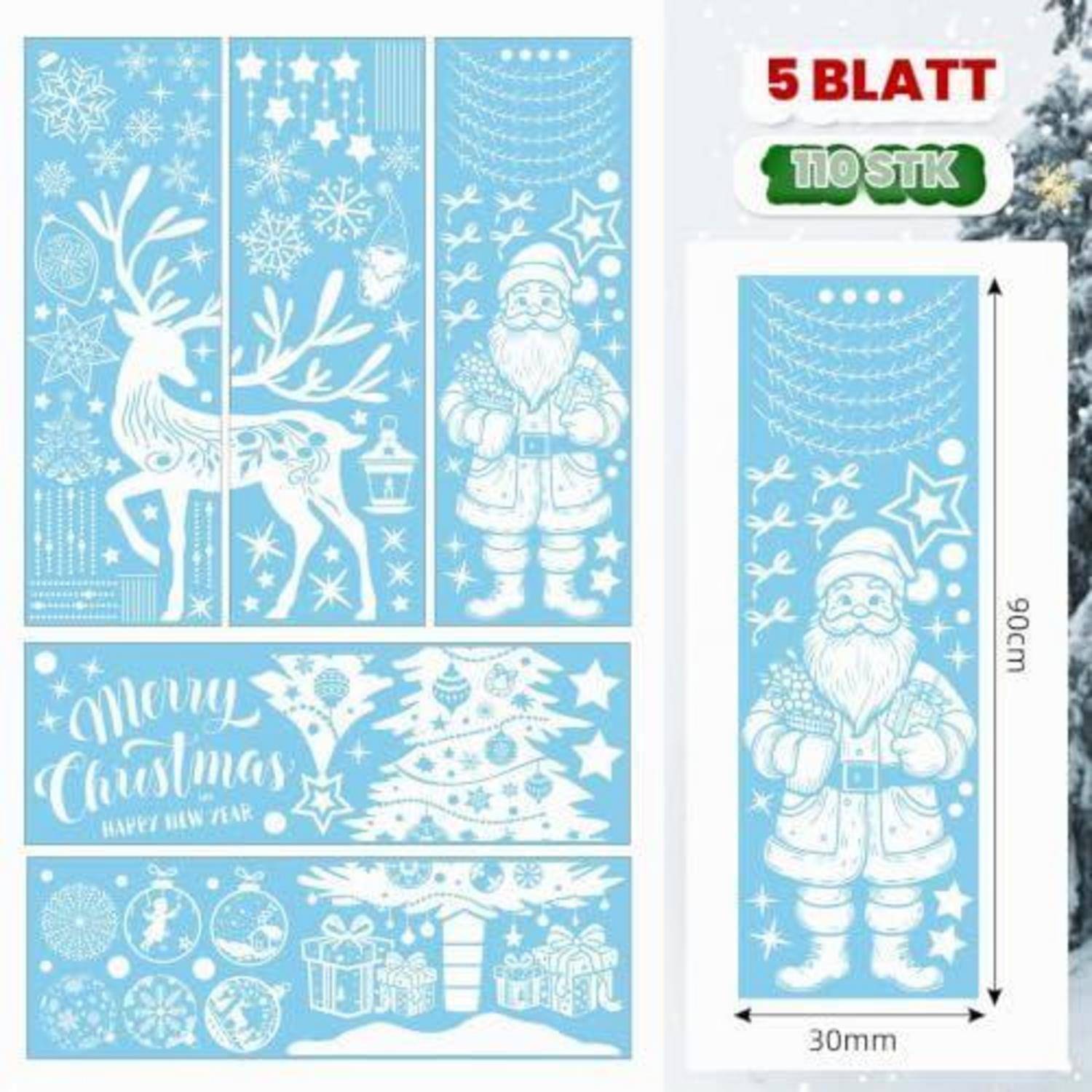 Blauer Weihnachtssticker-Set mit 5 Blättern, mit Motiven von Weihnachtsmann, Rentieren, Bäumen, Sternen, Schneeflocken und „Merry Christmas"-Designs; ein Blatt ist 90 mm x 30 mm.
