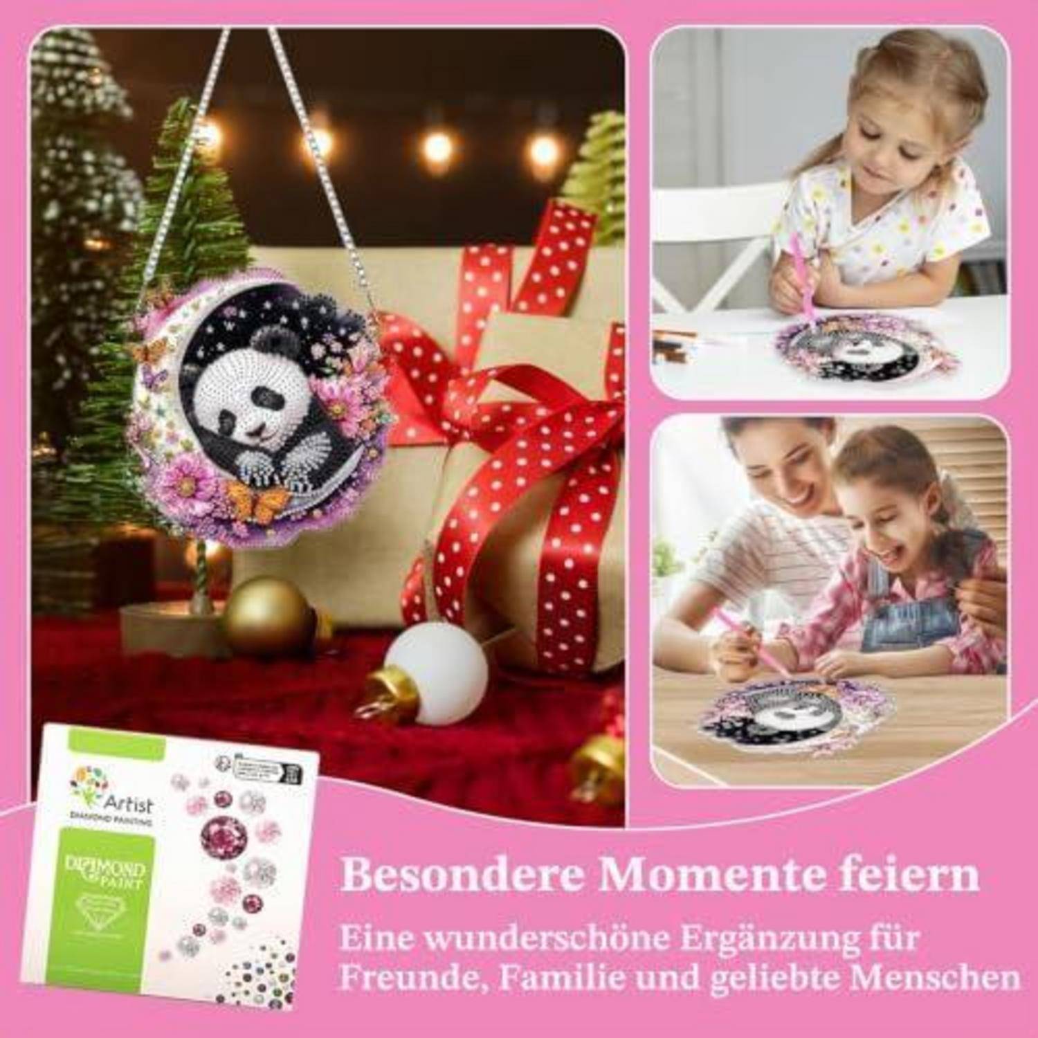 Werbekollage eines Perlen-Bastelsets und einer fertigen Panda-Verzierung, dargestellt als Geschenk für Familie und Freunde; deutscher Text lautet „Besondere Momente feiern".