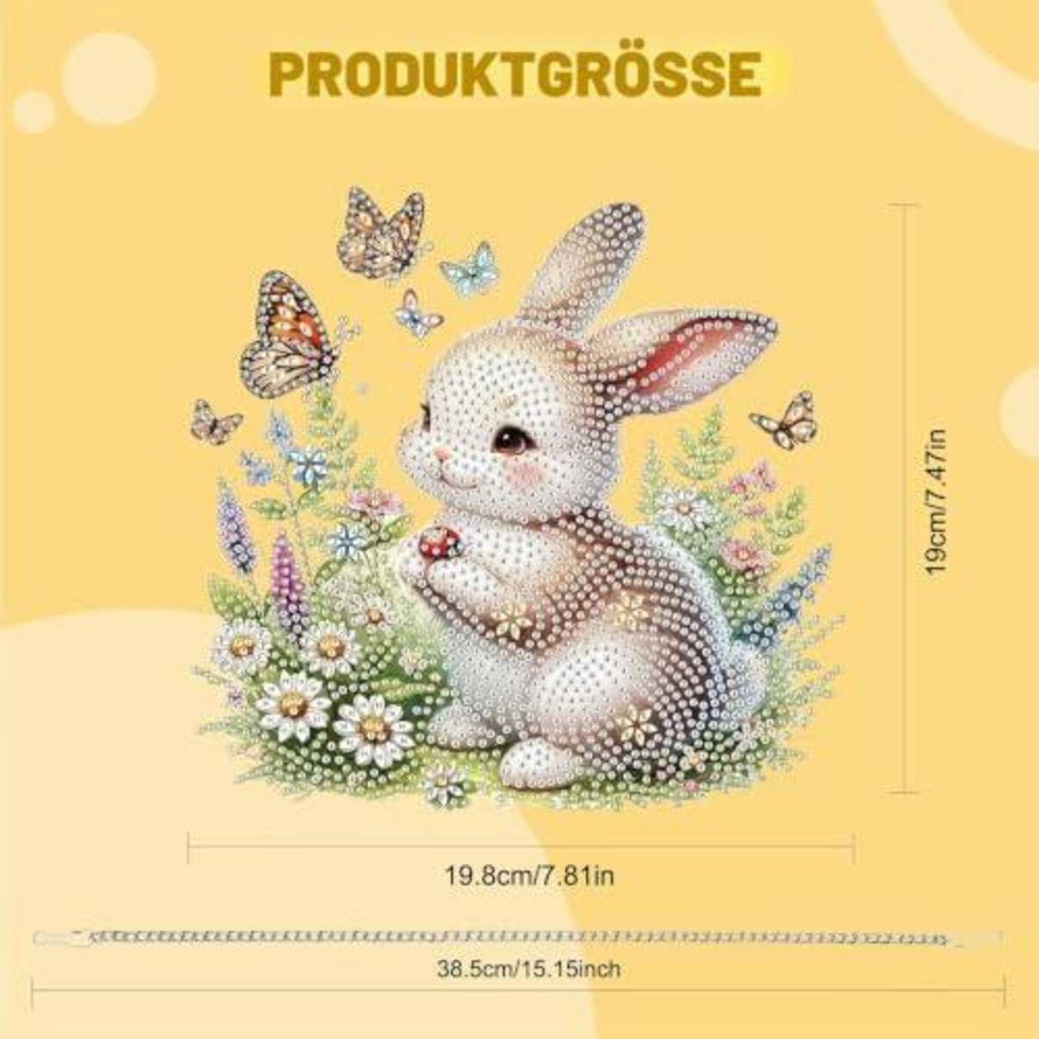 Produktgrößen-Grafik mit einem Hasen mit Blumen und Schmetterlingen; die aufgelisteten Abmessungen sind 19 cm/7,47 Zoll hoch, 19,8 cm/7,81 Zoll breit und 38,5 cm/15,15 Zoll lang.