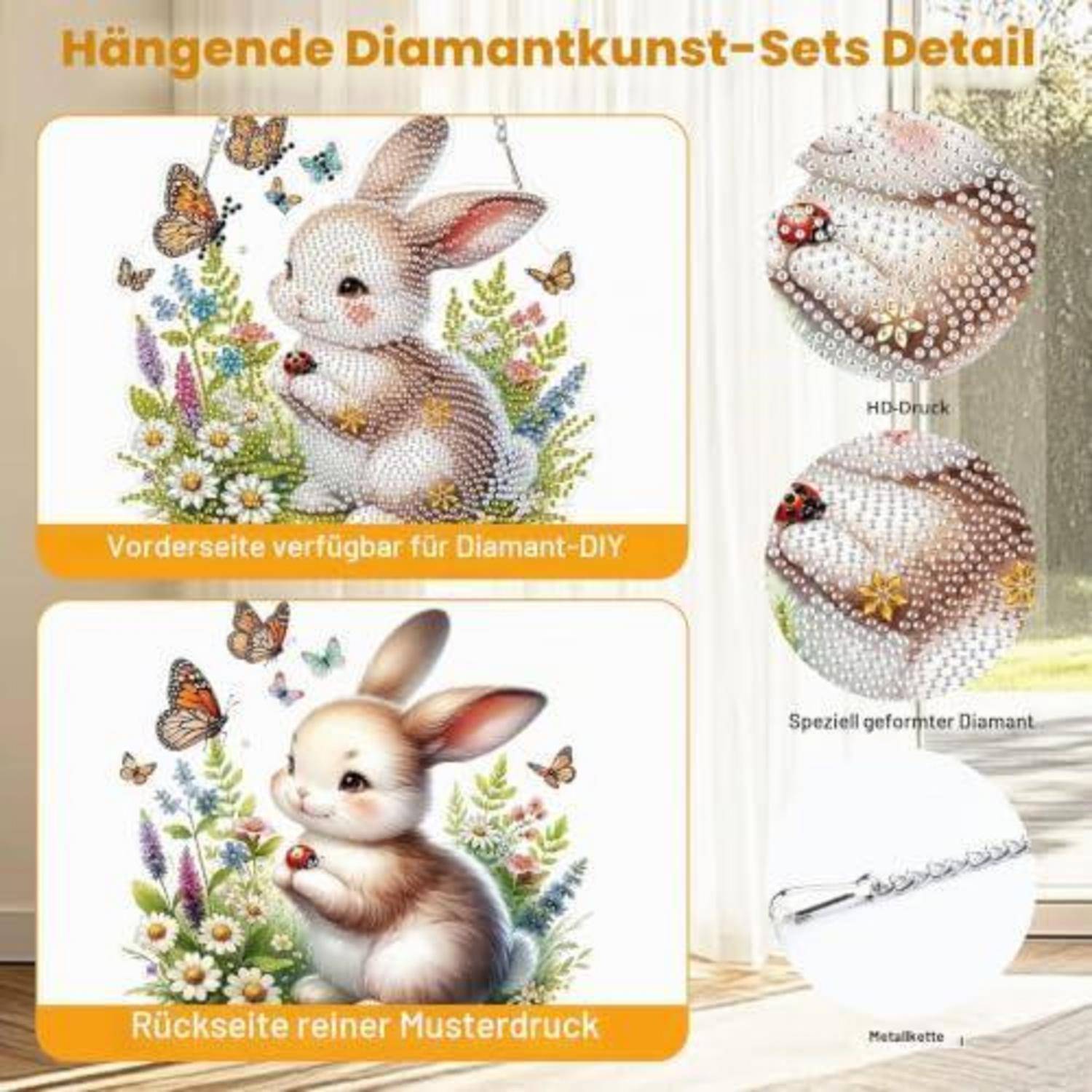 Werbung für hängende Diamantkunst-Sets mit einem Hasen mit Schmetterlingen und Blumen; Musterdruck auf der Vorder- und Rückseite, mit einem runden Anhänger und Metallkette.