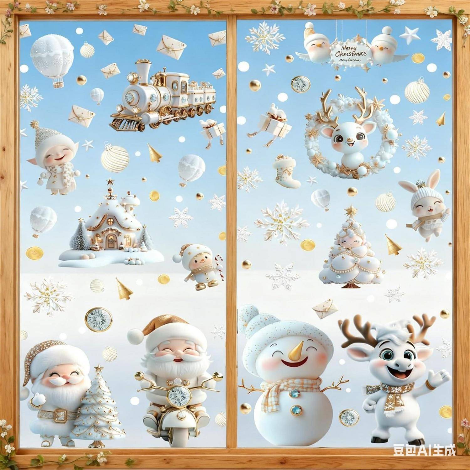 Vierpanel-Weihnachtsillustration mit niedlichen Winterfiguren: Weihnachtsmann, Rentier, Schneemann und Kaninchen zwischen Schneeflocken, Geschenken, Ornamenten, einer Eisenbahn und einer verschneiten Kirche.