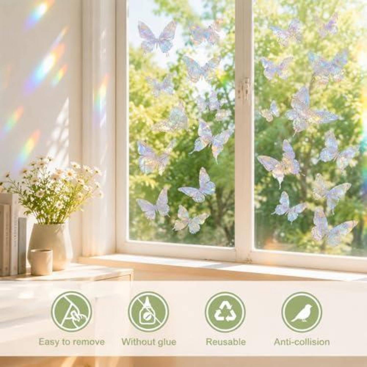 Dekorative Schmetterlinge-Fensteraufkleber auf einer sonnigen Scheibe, dargestellt als leicht zu entfernen, klebstofffrei, wiederverwendbar und kollisionssicher.