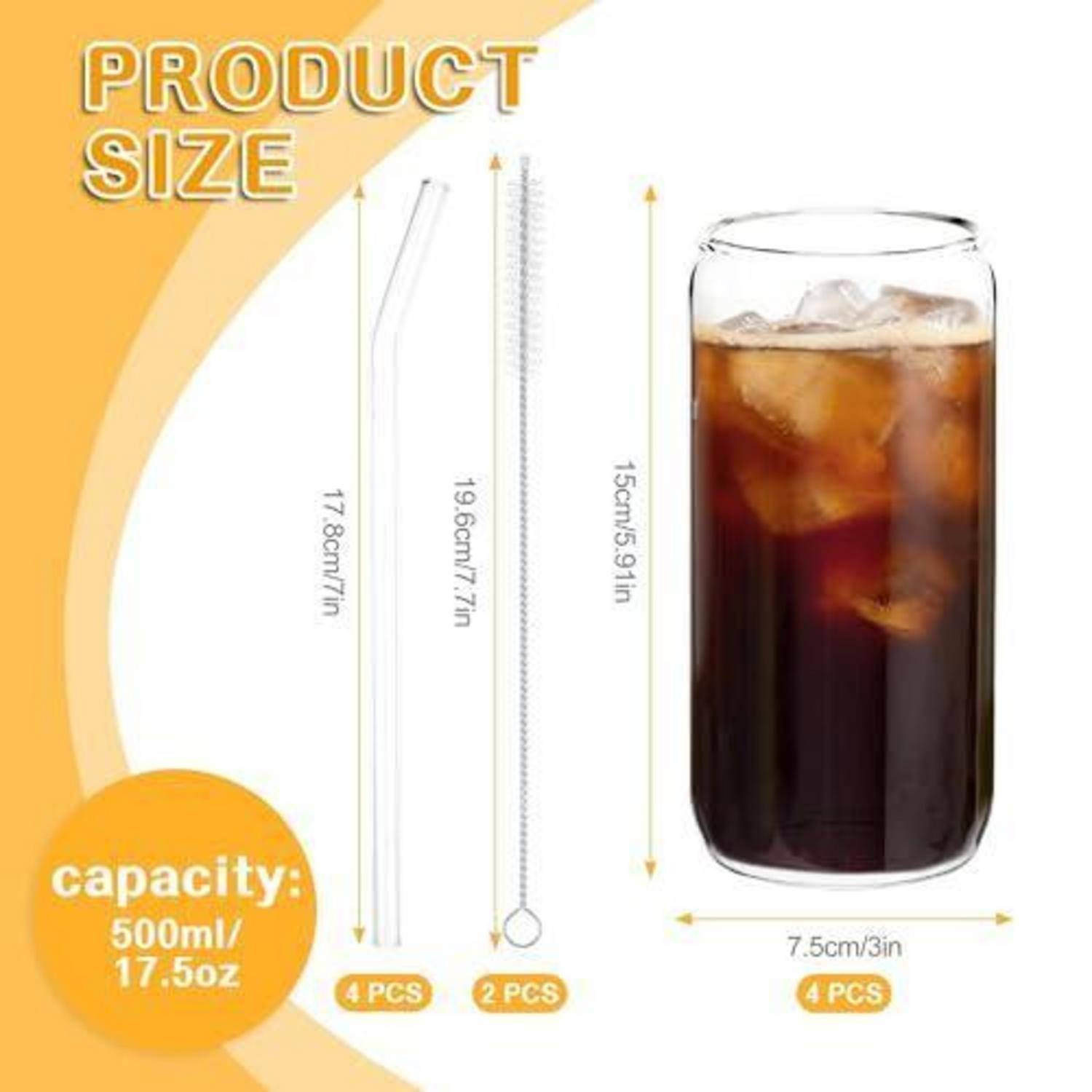 Produktgrößengrafik mit wiederverwendbaren Strohhalmen und einem Glas mit Abmessungen: Strohhalme 17,8 cm und 19,6 cm, Glas 15 cm hoch und 7,5 cm breit, Fassungsvermögen 500 ml/17,5 oz.