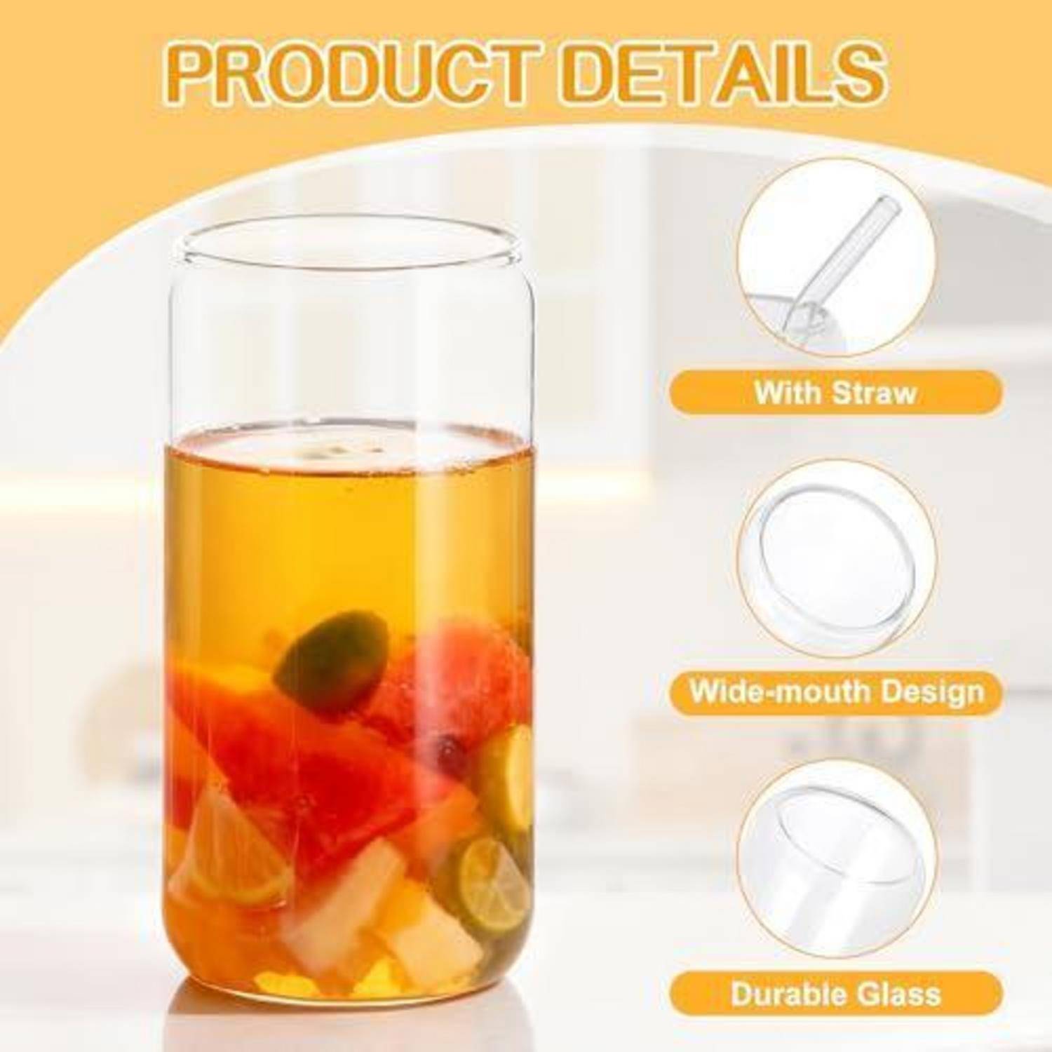 Produktdetailbild zeigt ein klares Glas mit Fruchtsaft, gekennzeichnet mit „Mit Strohhalm", „Breite Mundöffnung"" und „Langlebiges Glas"".