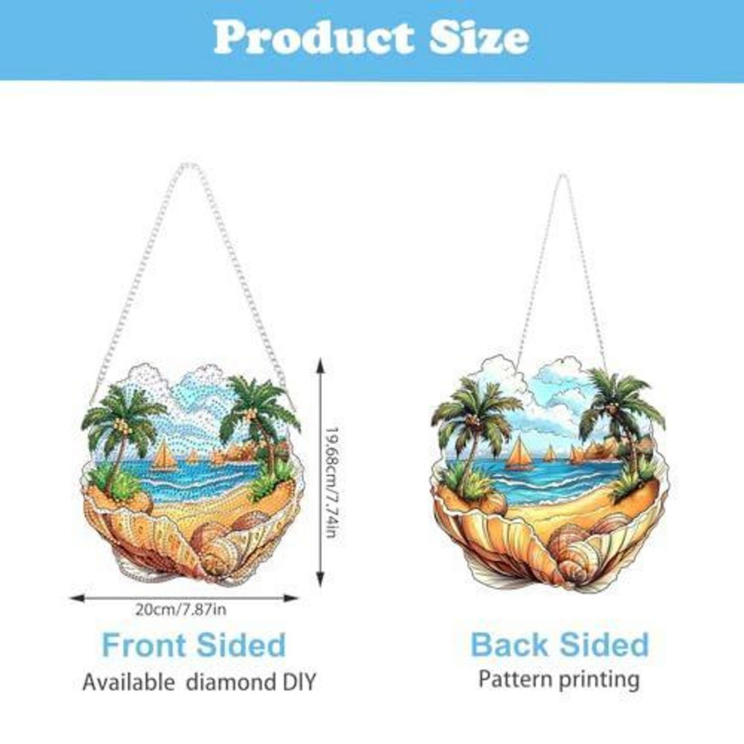 Produktgrößentabelle mit einer vorne- und rückseitigen hängenden muschelförmigen Strandszenen-Ornament, 19,68 cm groß und 20 cm breit.