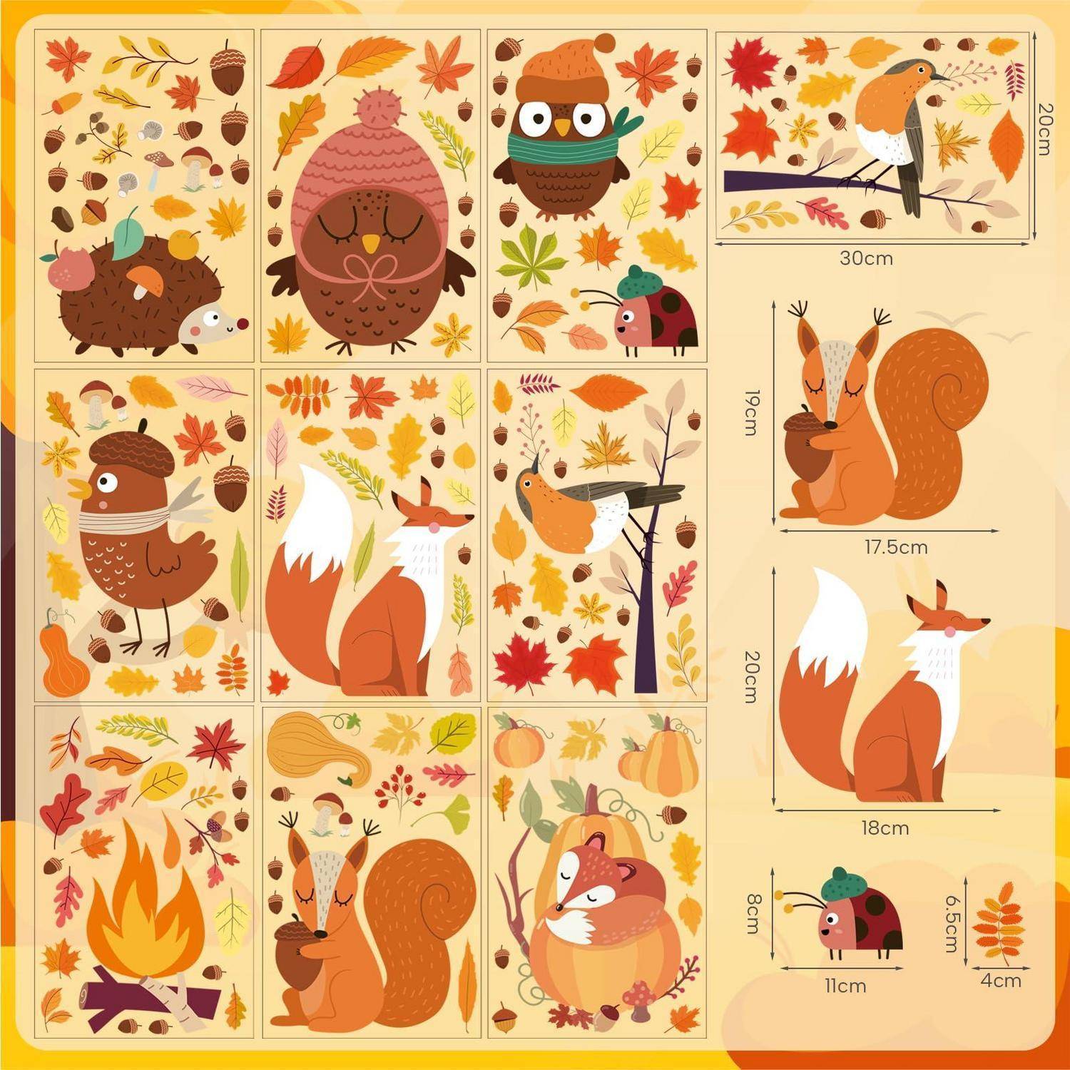 Eine Collage mit herbstlichen Tierillustrationen und Herbstblättern, mit Größenetiketten, die separate Drucke wie Eule, Eichhorn, Fuchs, Vogel, Igel und Lagerfeuer-Designs zeigen.