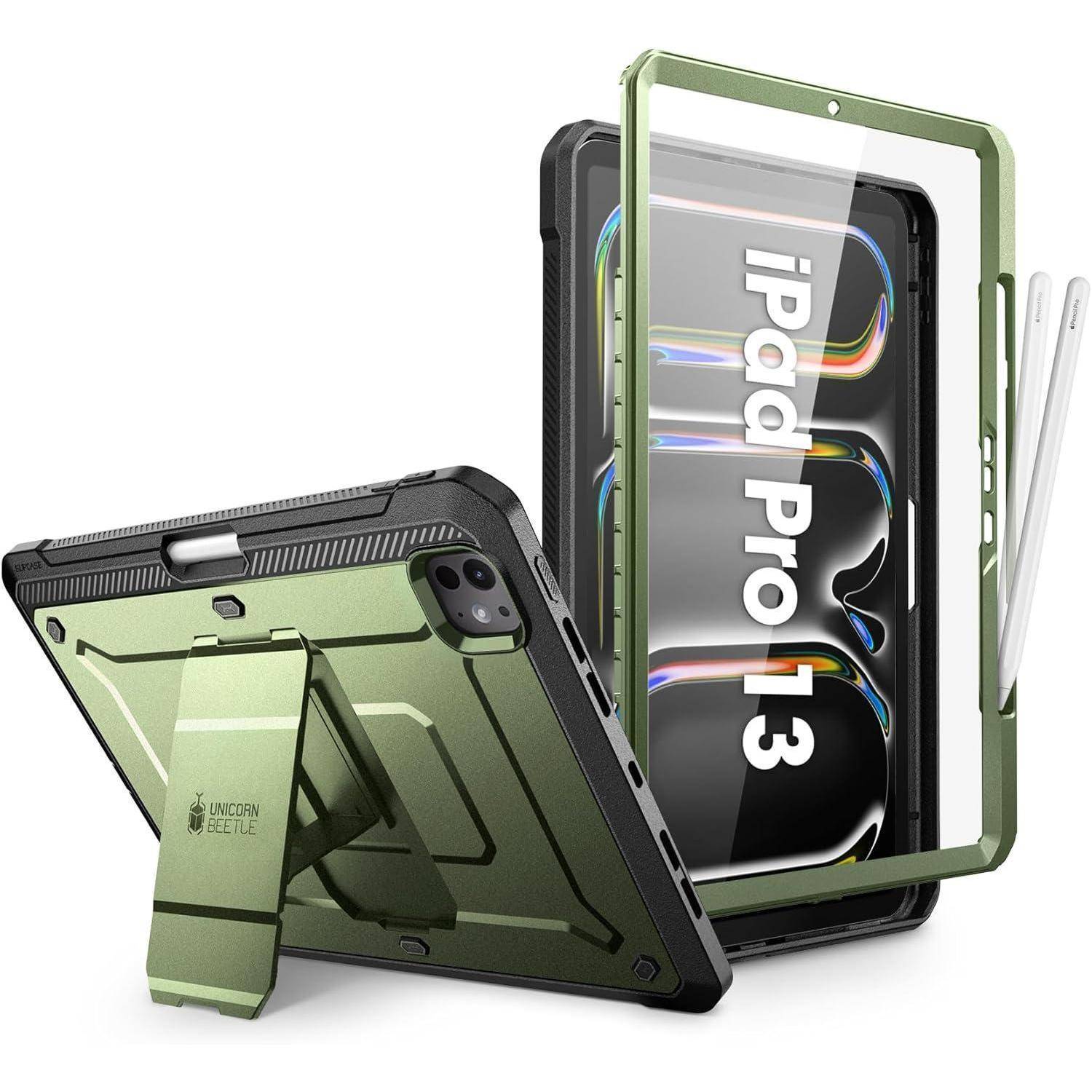 Grüne robuste iPad Pro 13 Schutzhülle und Ständer mit schützender durchsichtiger Rahmung, dargestellt in Landschafts- und Hochformatposition mit Tablet.