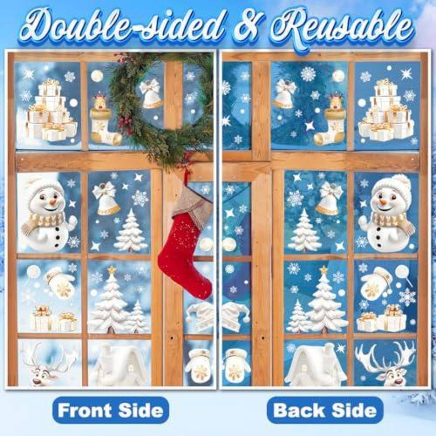 Werbebild mit beidseitigem, wiederverwendbarem Weihnachtsfensterdekor mit unterschiedlichen Winterszenen auf der Vorder- und Rückseite, beschriftet mit „Vorderseite" und „Rückseite"".