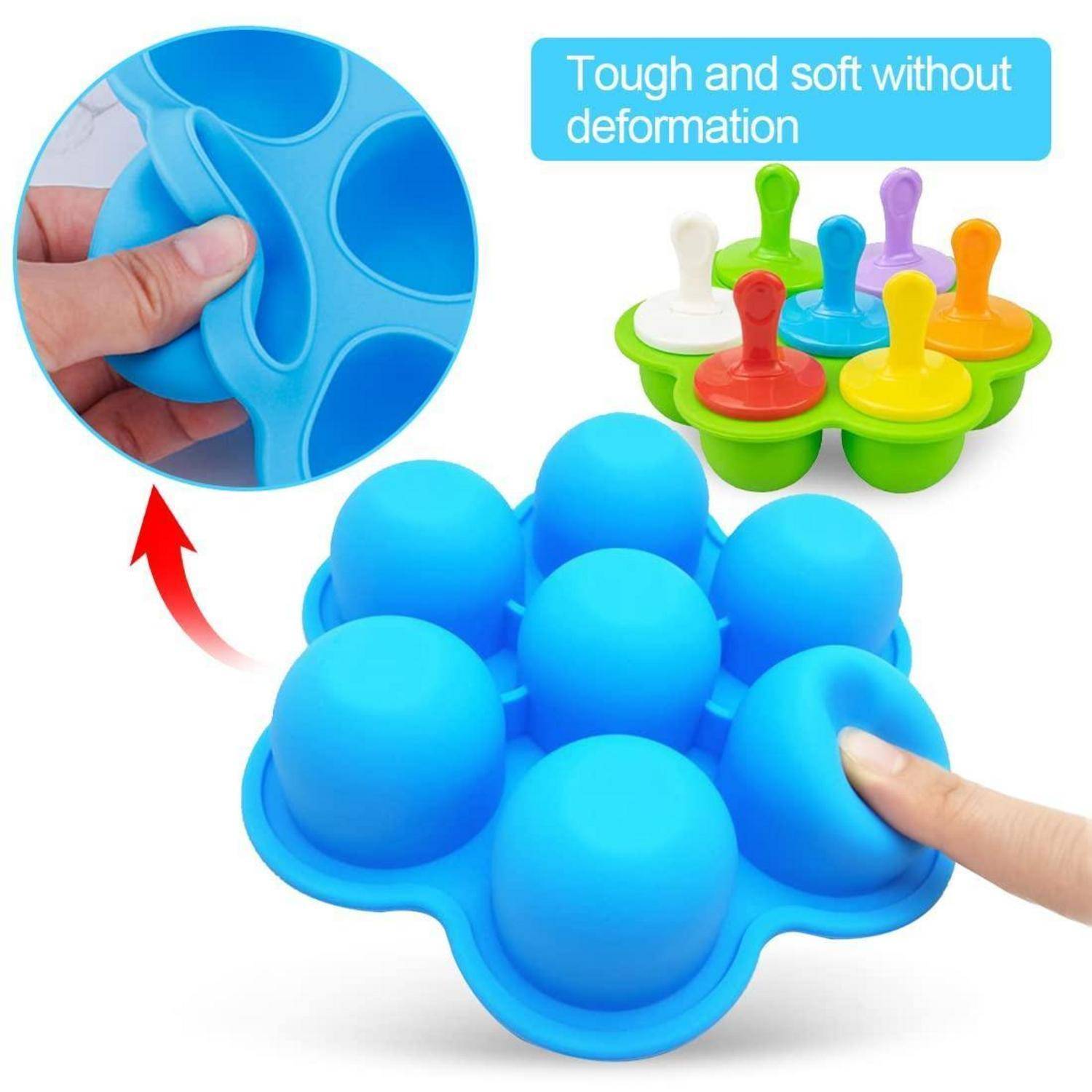 Blaues Silikon-Fidget Pop-It-Spielzeug mit sieben Blasenkuppeln; die Detailansicht zeigt, wie es zusammengedrückt wird, und der Text lautet „Robust und weich ohne Verformung".