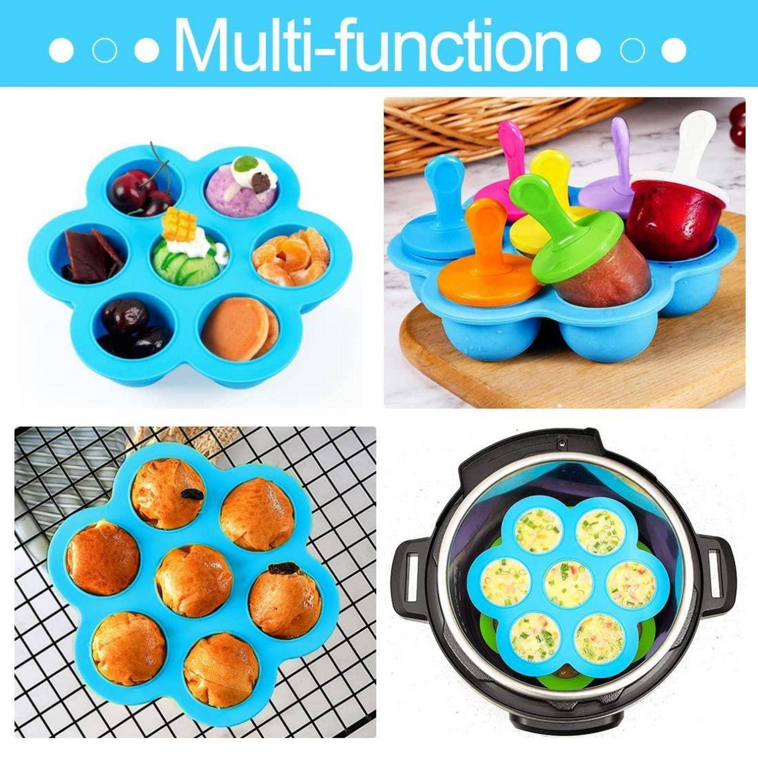 Multifunktionales blauformendes blütenförmiges Silikonform mit sieben runden Fächern, das Snacks, Eis am Stiel und Eier hält, einschließlich Verwendung im Heißluftfritteusen.