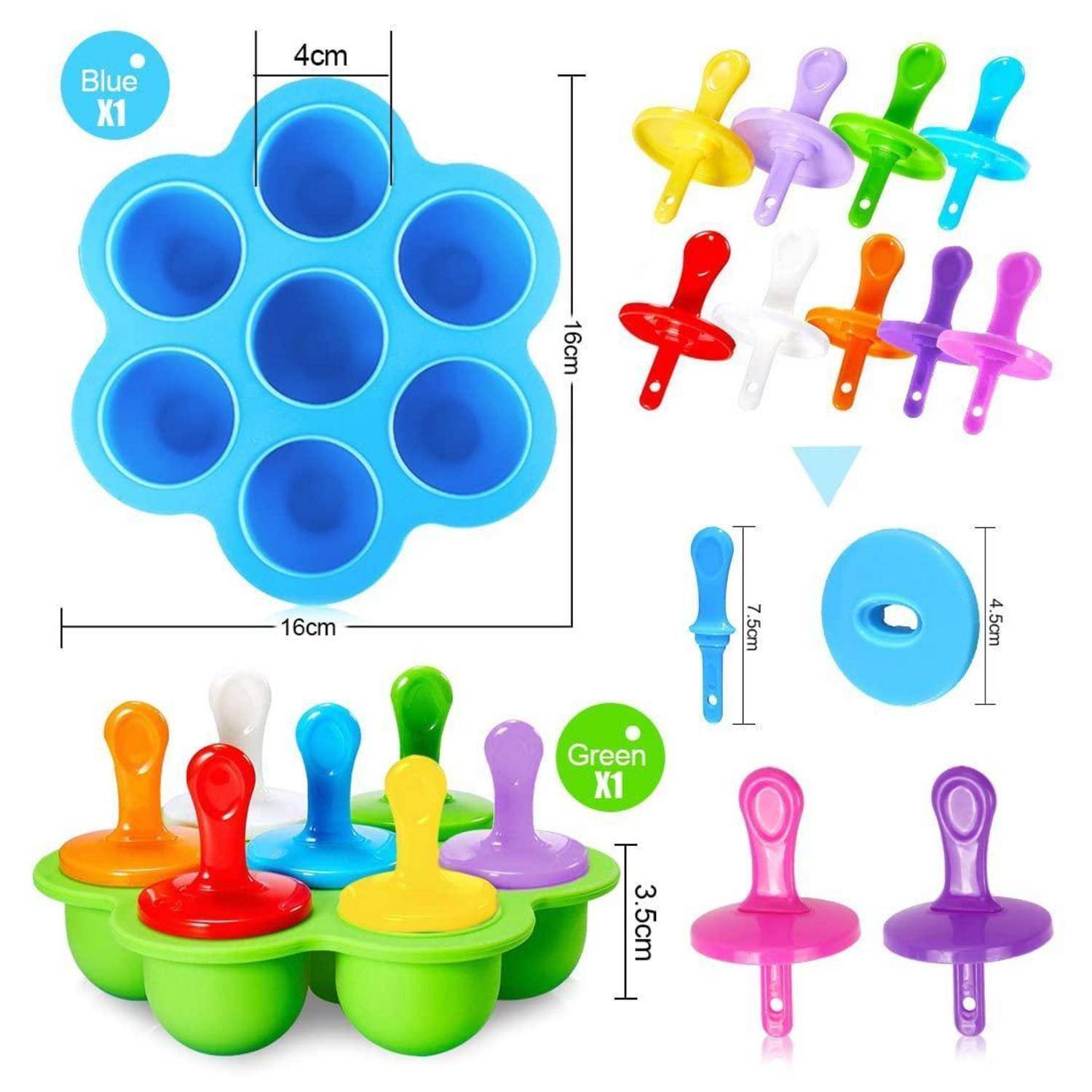 Produktcollage mit farbenfrohen pilzförmigen Saugnappelspielzeugen in Blau und Grün, mit beschrifteten Abmessungen von 16 cm und 3,5 cm und separat gezeigten abnehmbaren stabartigen Teilen.
