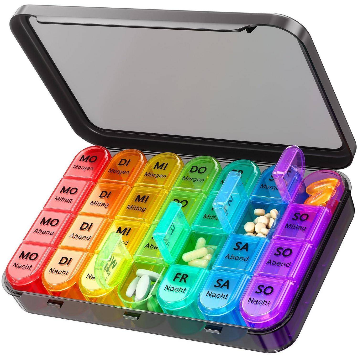 Daviky Tablettenbox 7 Tage 4 Fächer BPA-frei Regenbogenfarben