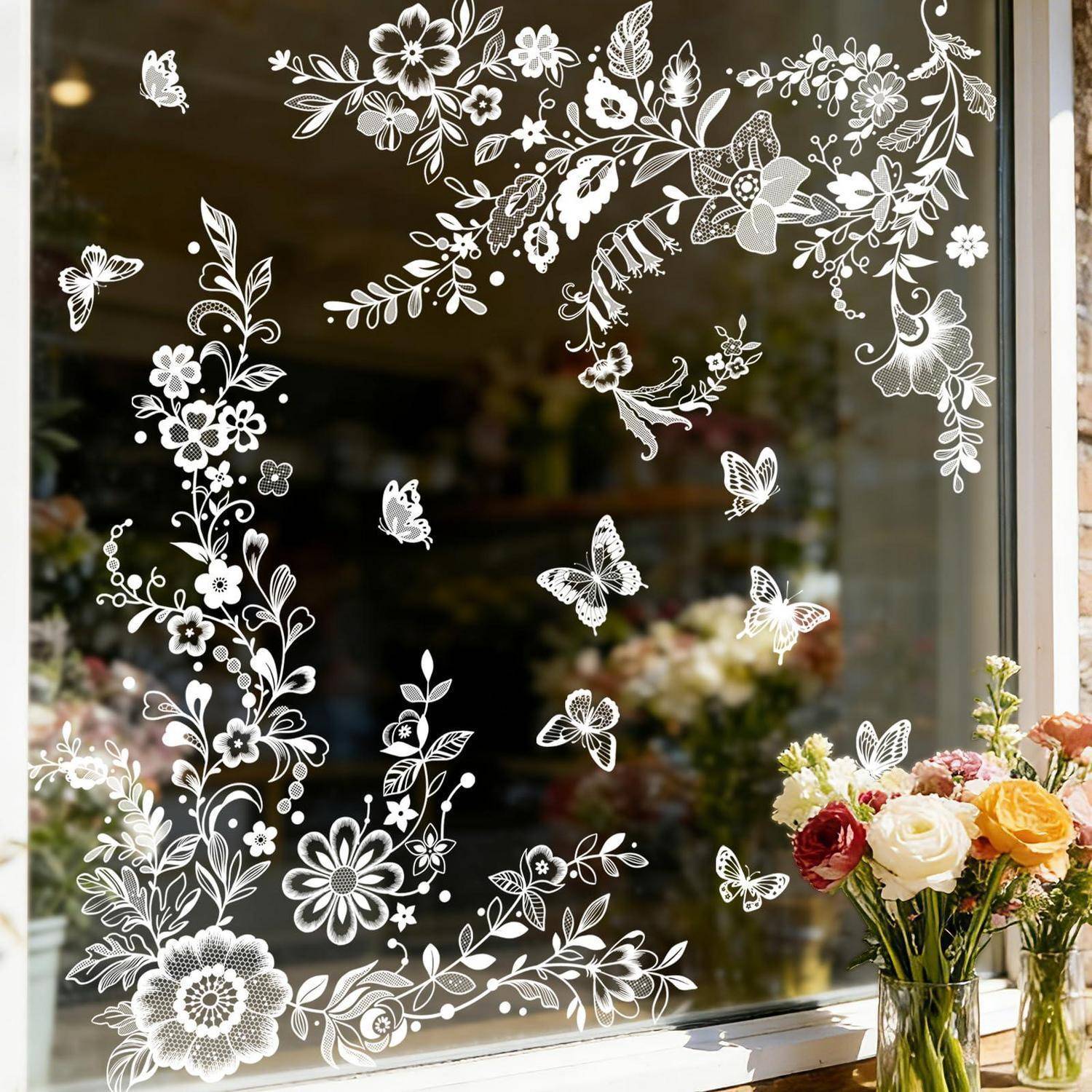 Fensterbilder Tanlaby 2 Bögen 29x60cm Weiß Blumen Schmetterling