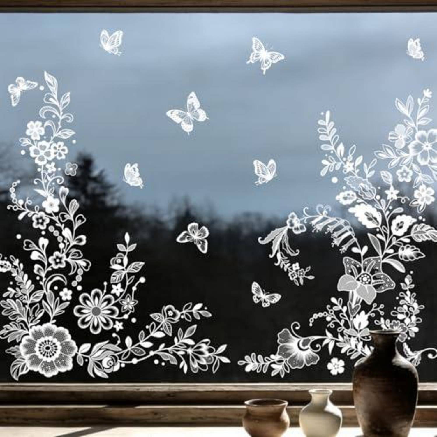 Fensterbilder Tanlaby 2 Bögen 29x60cm Weiß Blumen Schmetterling