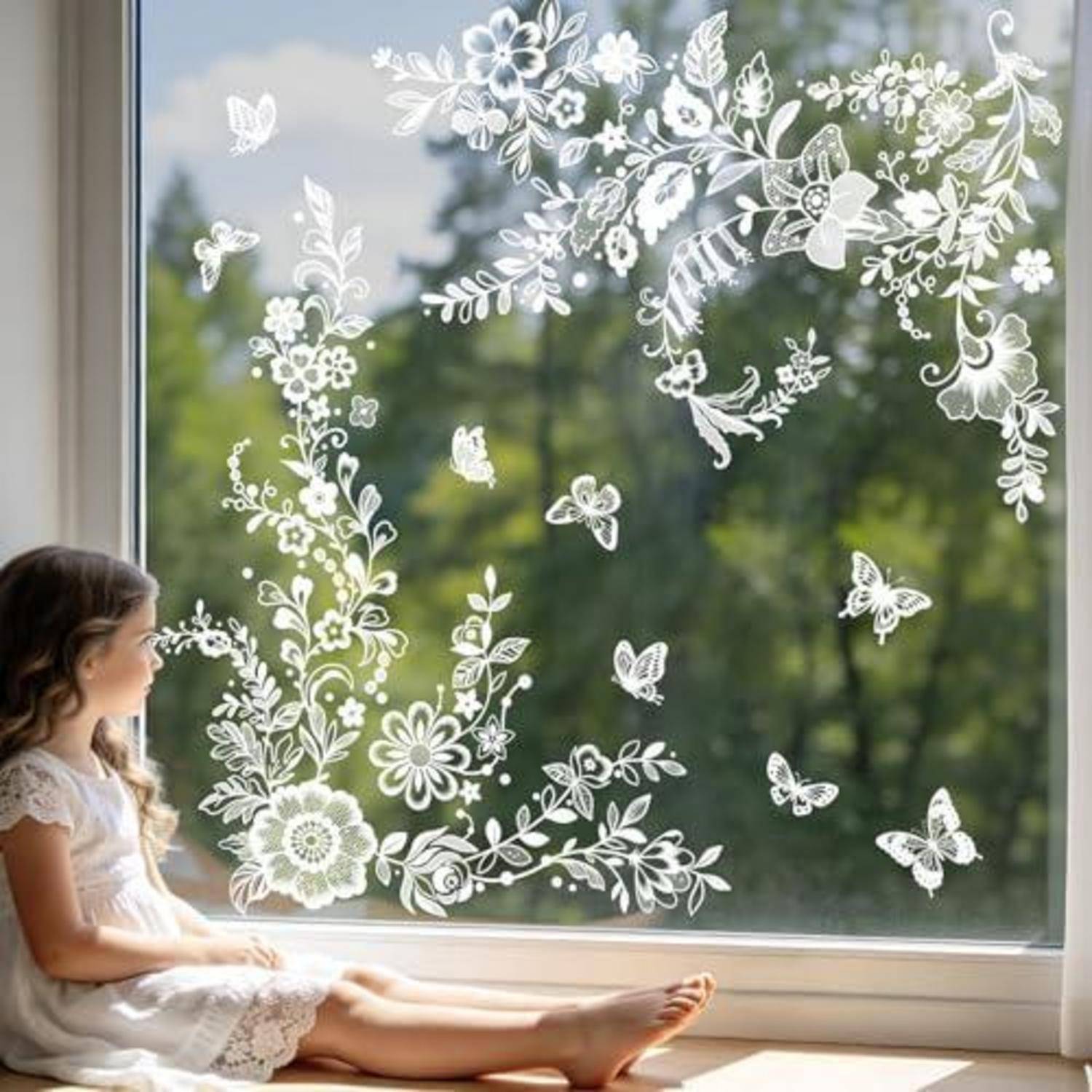 Fensterbilder Tanlaby 2 Bögen 29x60cm Weiß Blumen Schmetterling