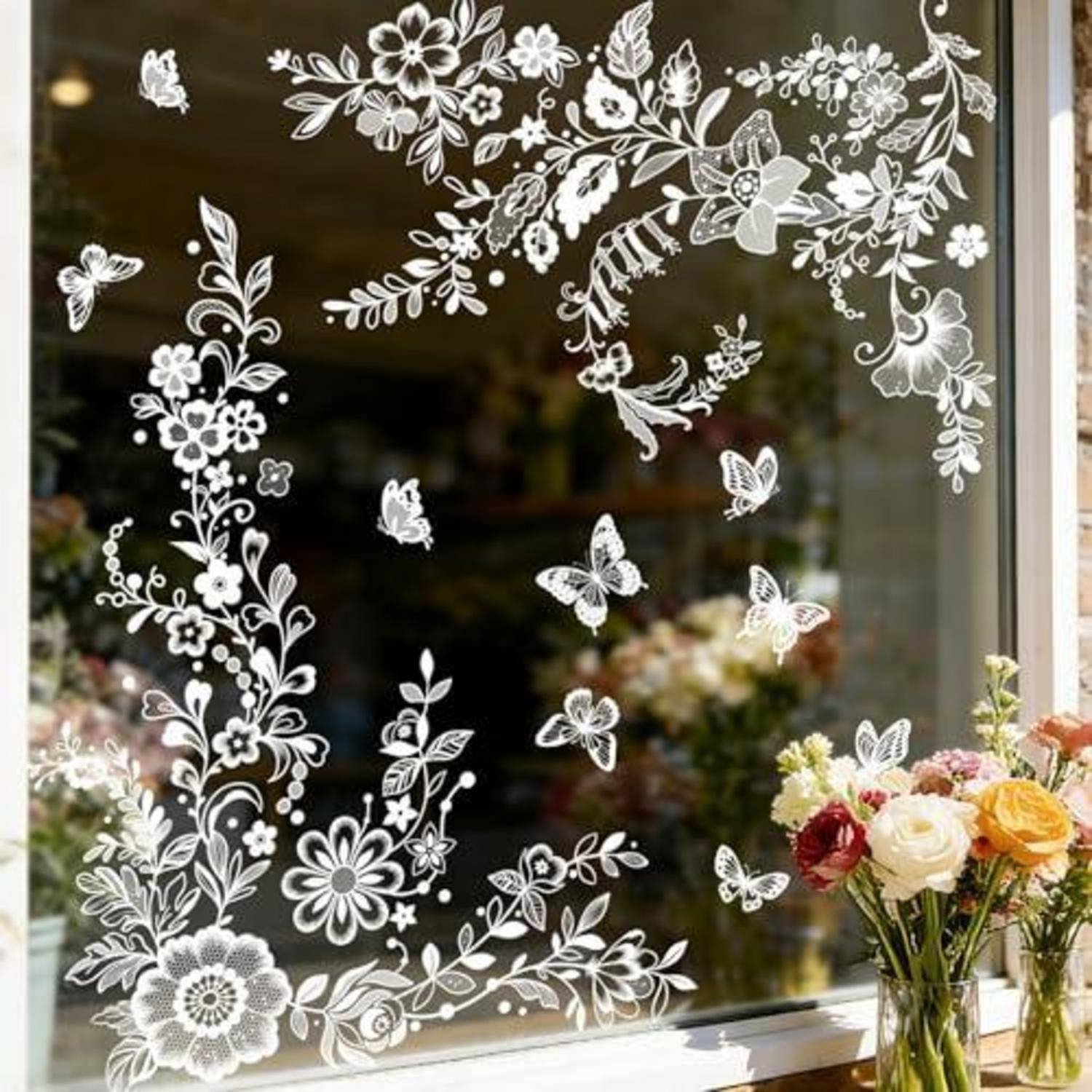 Fensterbilder Tanlaby 2 Bögen 29x60cm Weiß Blumen Schmetterling