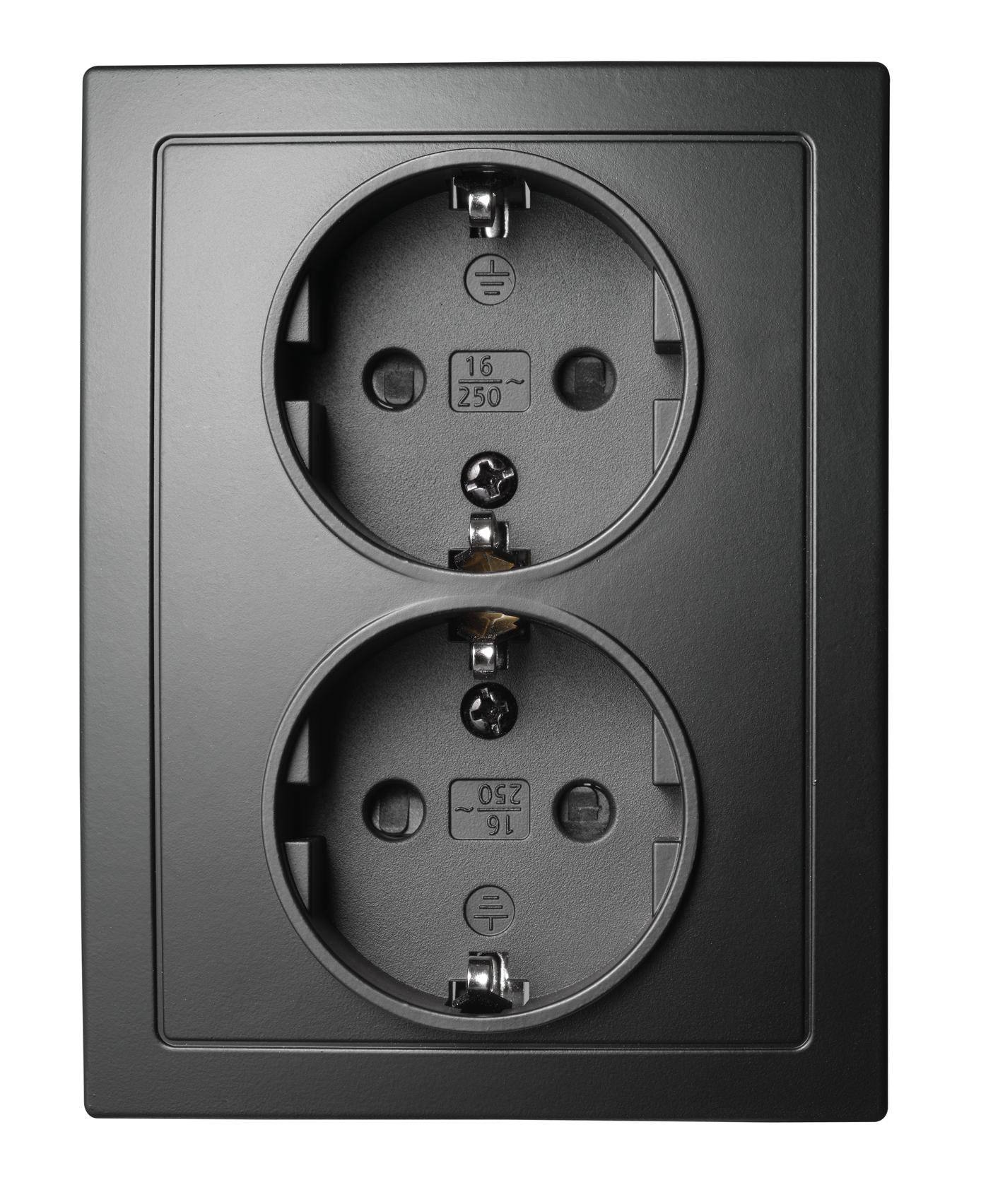 McPower "Flair" Schutzkontakt-Steckdose McPower, 2-fach, 250V, 16A, Einsteckschutz, Unterputz, IP20 - Farbe: schwarz