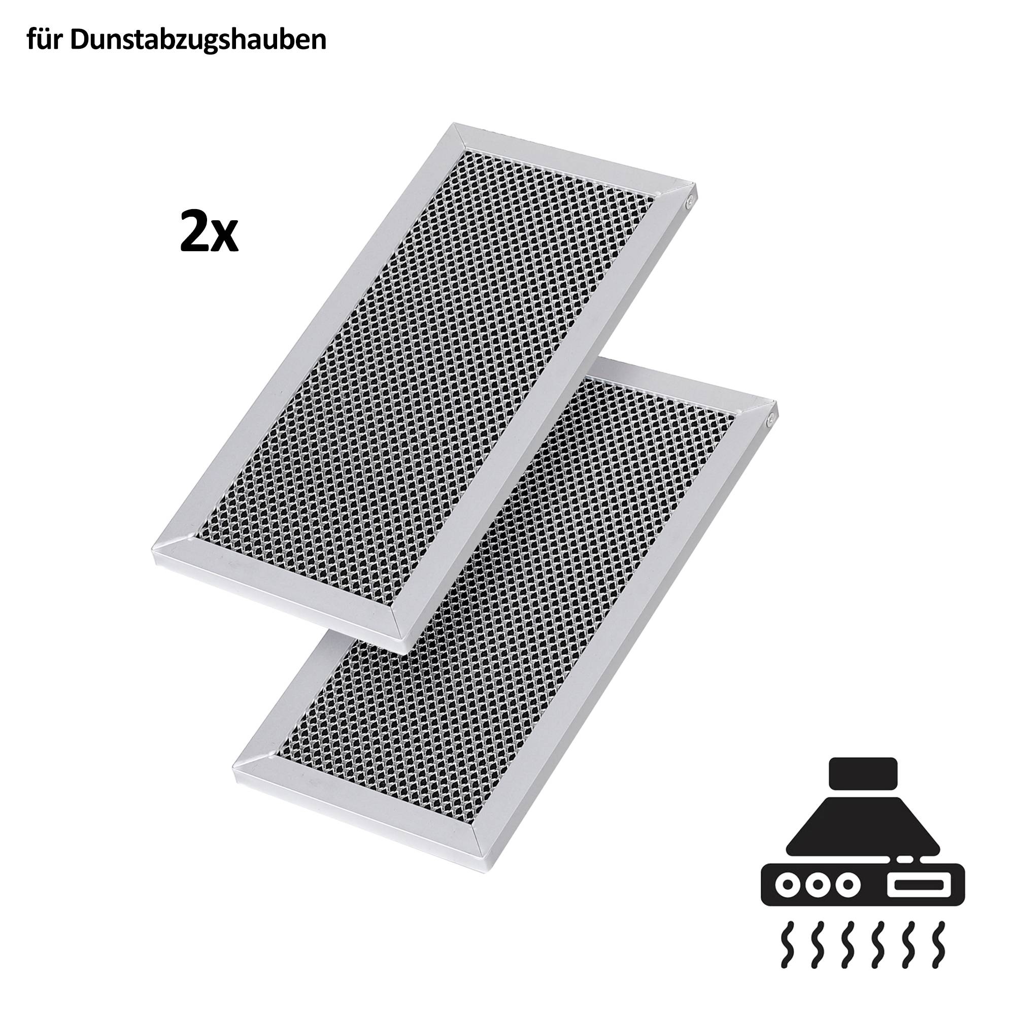 Zwei rechteckige Metallgitterfilter für eine Dunstabzugshaube, dargestellt als gestapelte Filter mit „2x