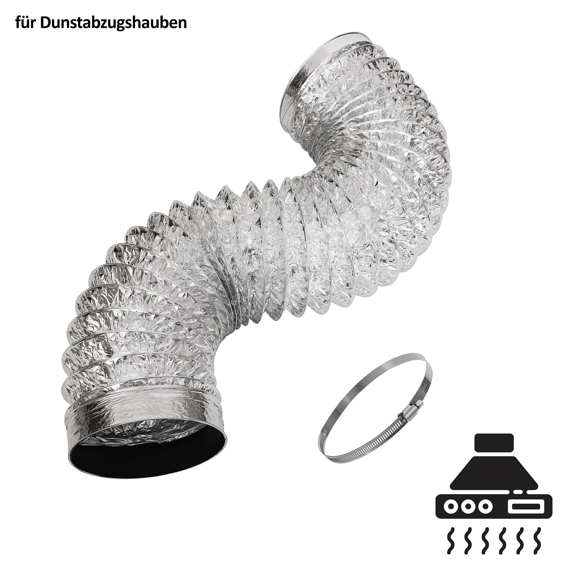 Silberschlauch aus flexiblem Material für Dunstabzugshauben, dargestellt mit einer Metallklemme und einem Dunstabzugssymbol.