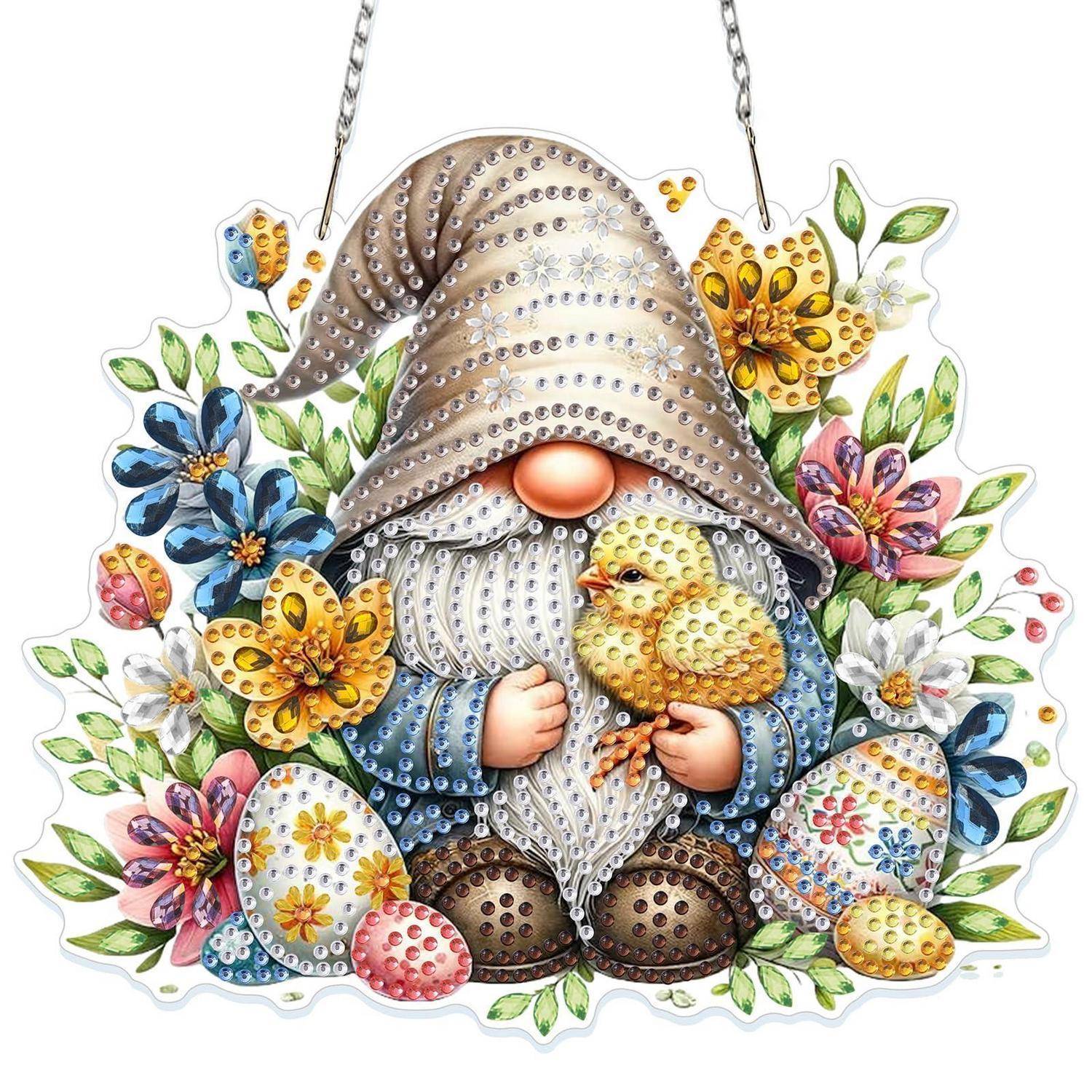 Diamantmalerei Fensterbild Gnome mit Küken, beidseitig, mit Kette