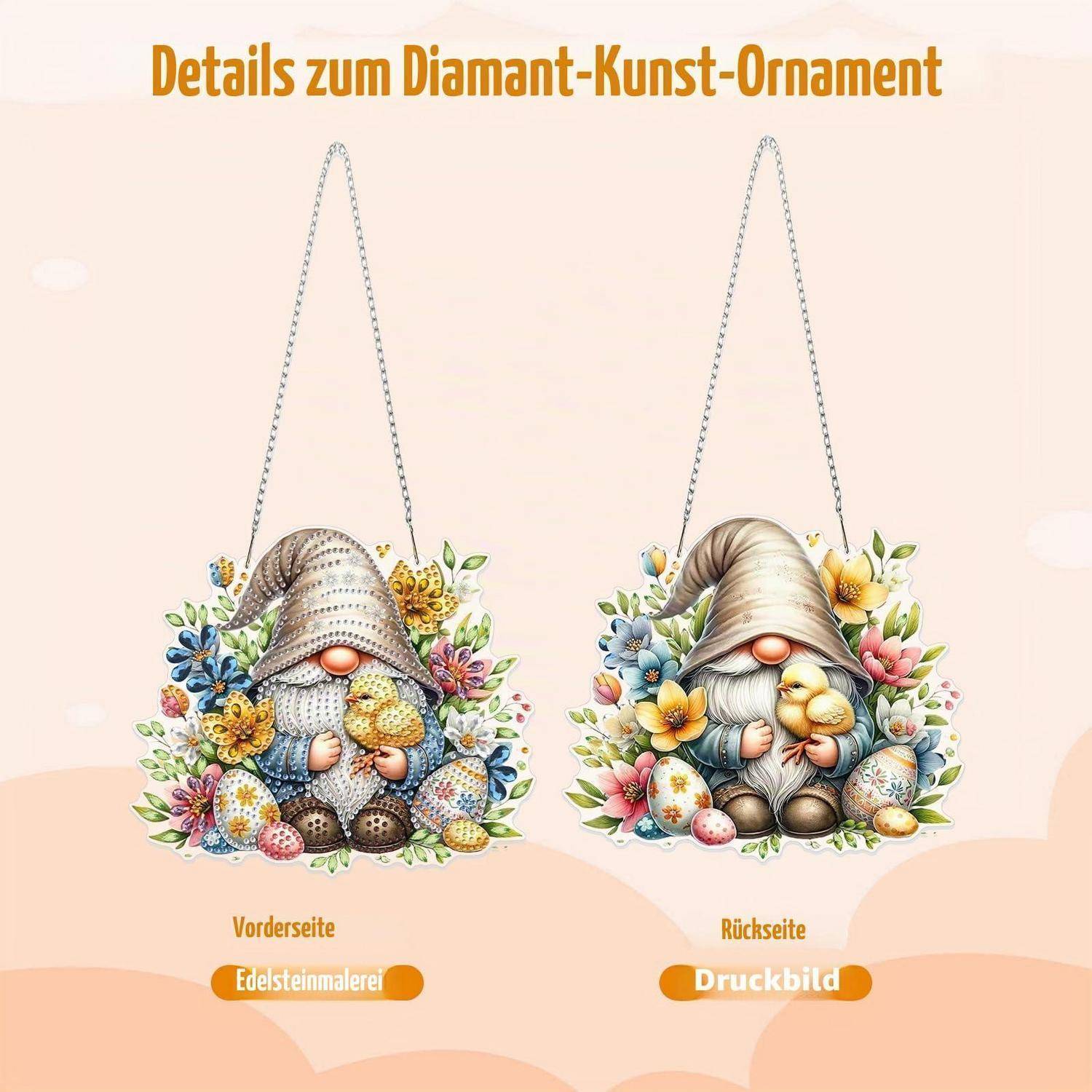 Diamantmalerei Fensterbild Gnome mit Küken, beidseitig, mit Kette