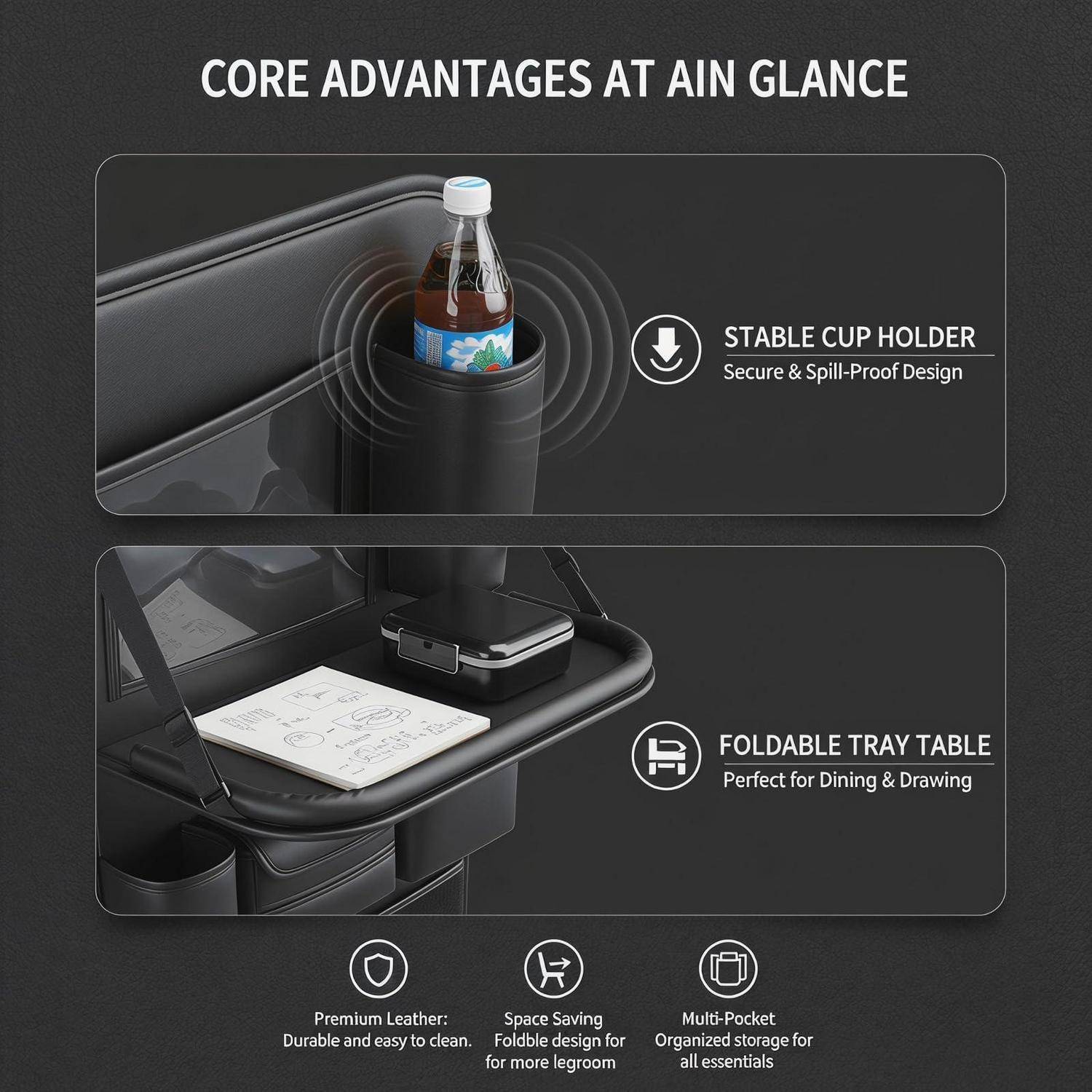 Auto Organizer mit Klapptisch Rücksitz 8 Fächer Universal in Lederoptik
