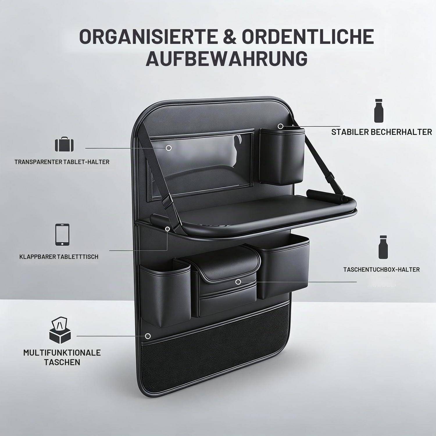 Auto Organizer mit Klapptisch Rücksitz 8 Fächer Universal in Lederoptik