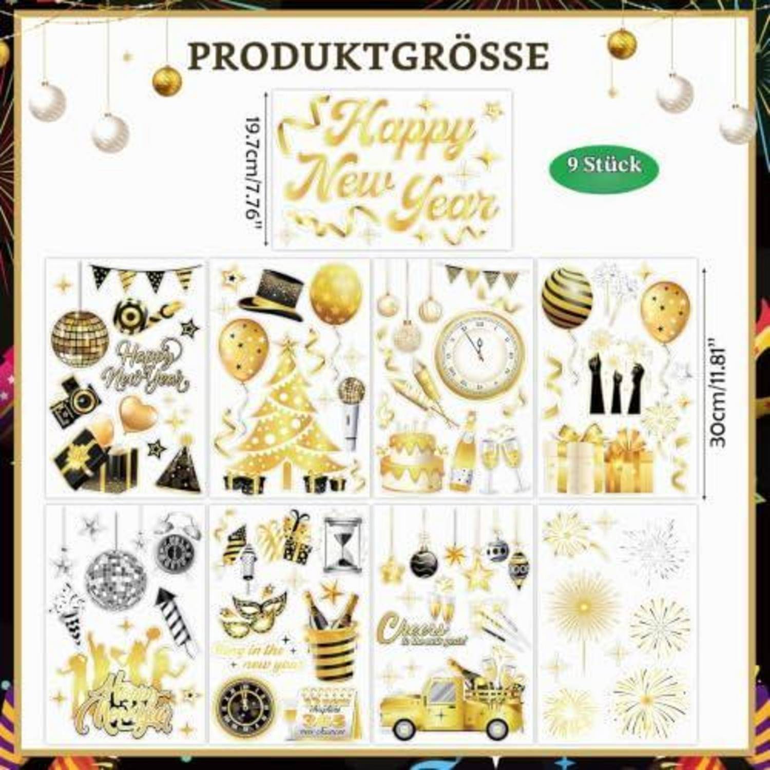 Fensterbilder Silvester Deko 9 Blatt Happy New Year Aufkleber 2027