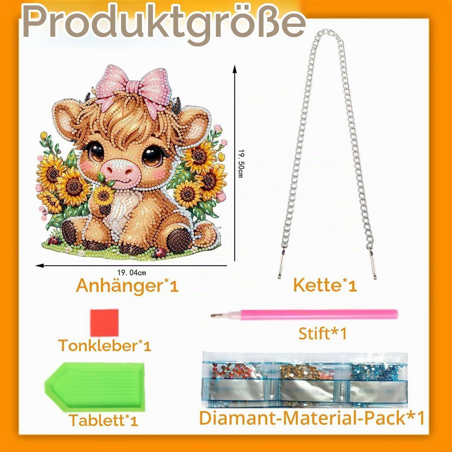 Zamety Diamond Painting Anhänger Hochlandkuh mit Kette Gelb