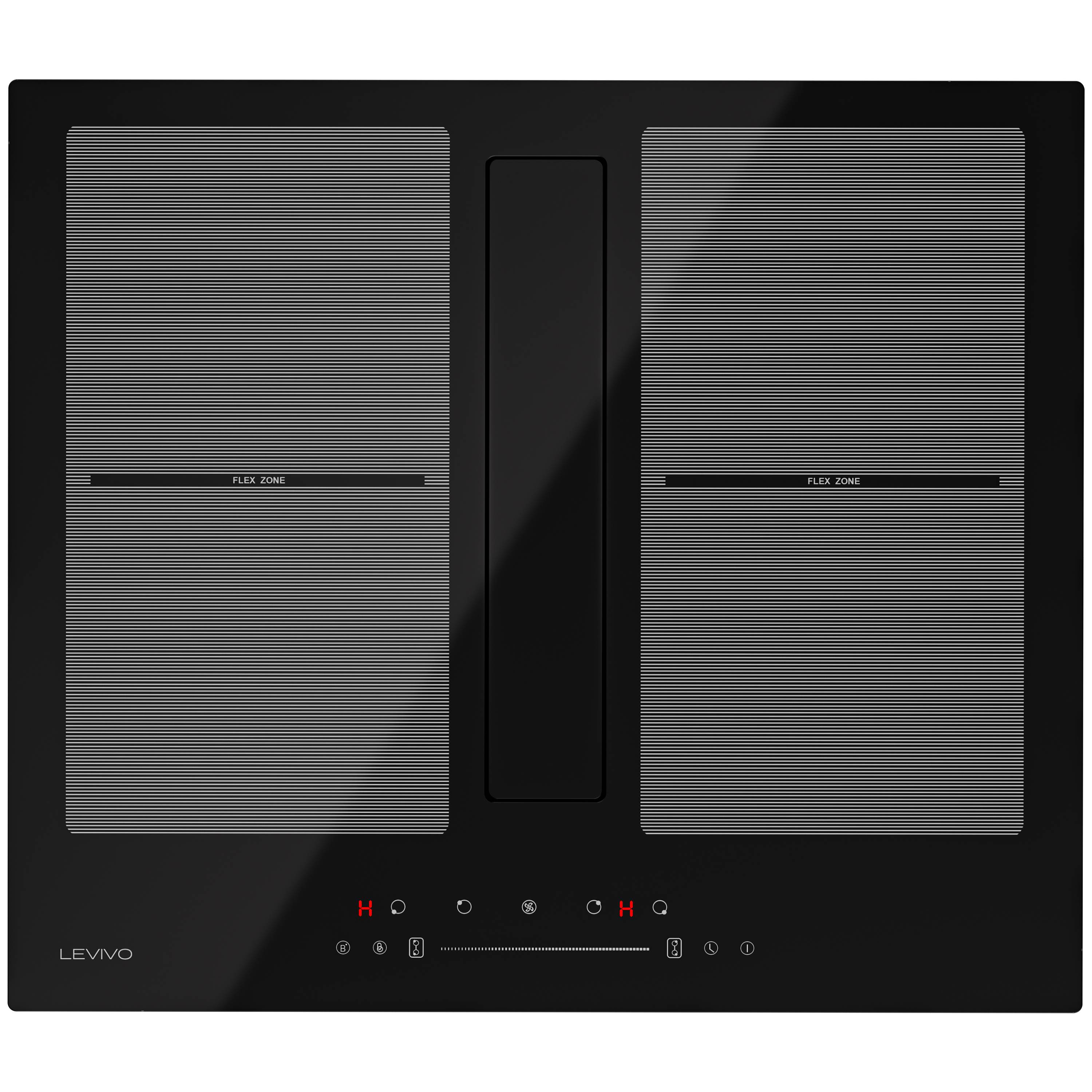Schwarze Lenovo-Induktionskochplatte mit zwei grauen Kochzonen und Touchbedienelemente entlang der Unterseite.
