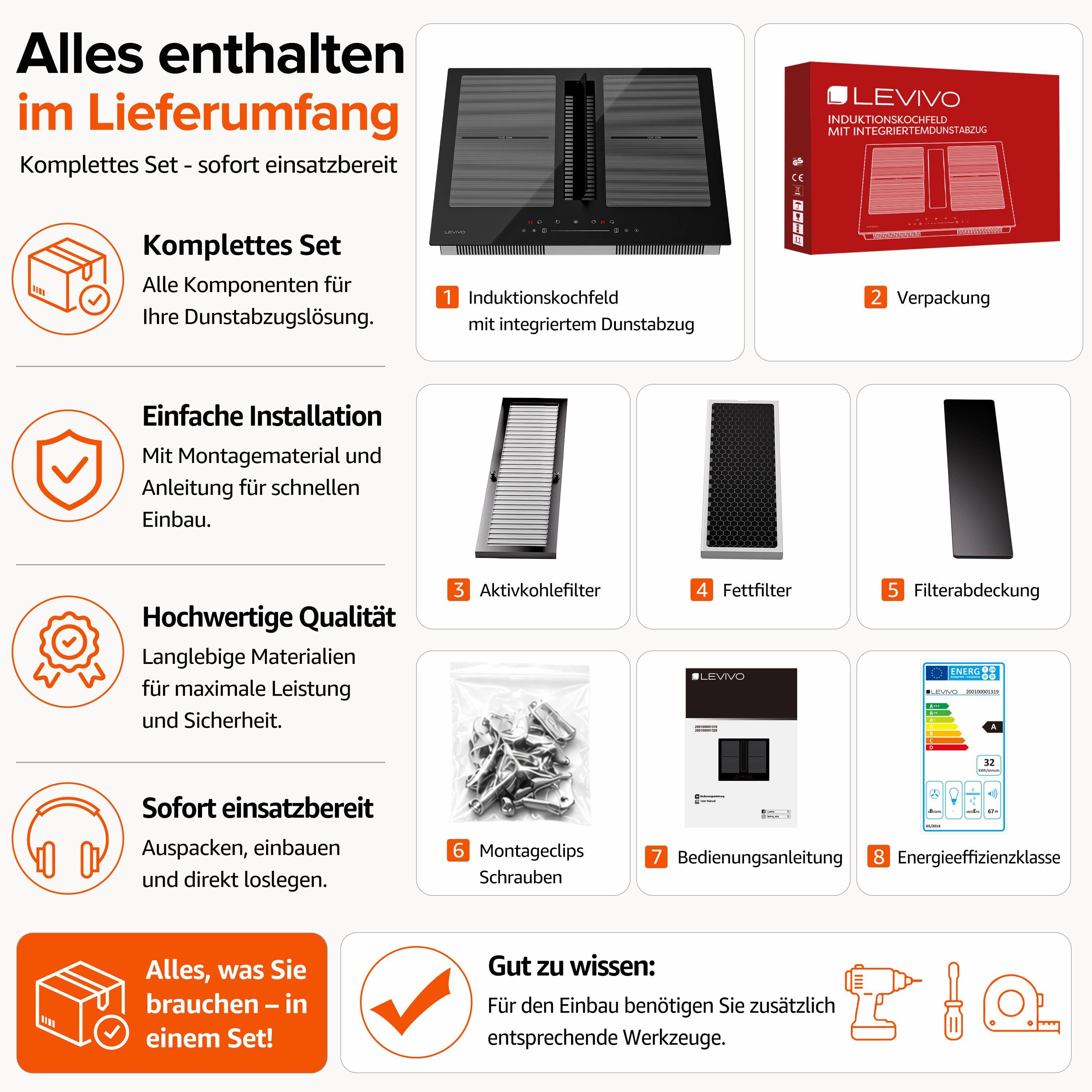 Infografik zeigt die enthaltenen Teile eines LEVIVO Induktionskochfelds mit integriertem Abzug: Kochfeld, Verpackung, Filter, Abdeckung, Schrauben, Bedienungsanleitung, Energielabel und erforderliche Werkzeuge.