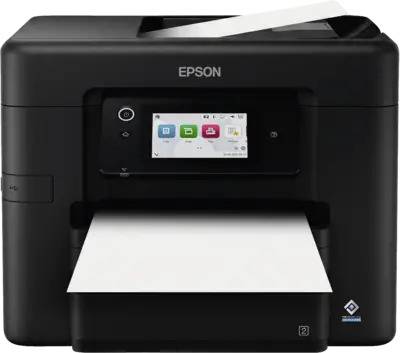 Schwarzer Epson Multifunktionsdrucker mit Touchscreen-Display, offenes Papierfach vorne und ein eingelegtes Blatt Papier