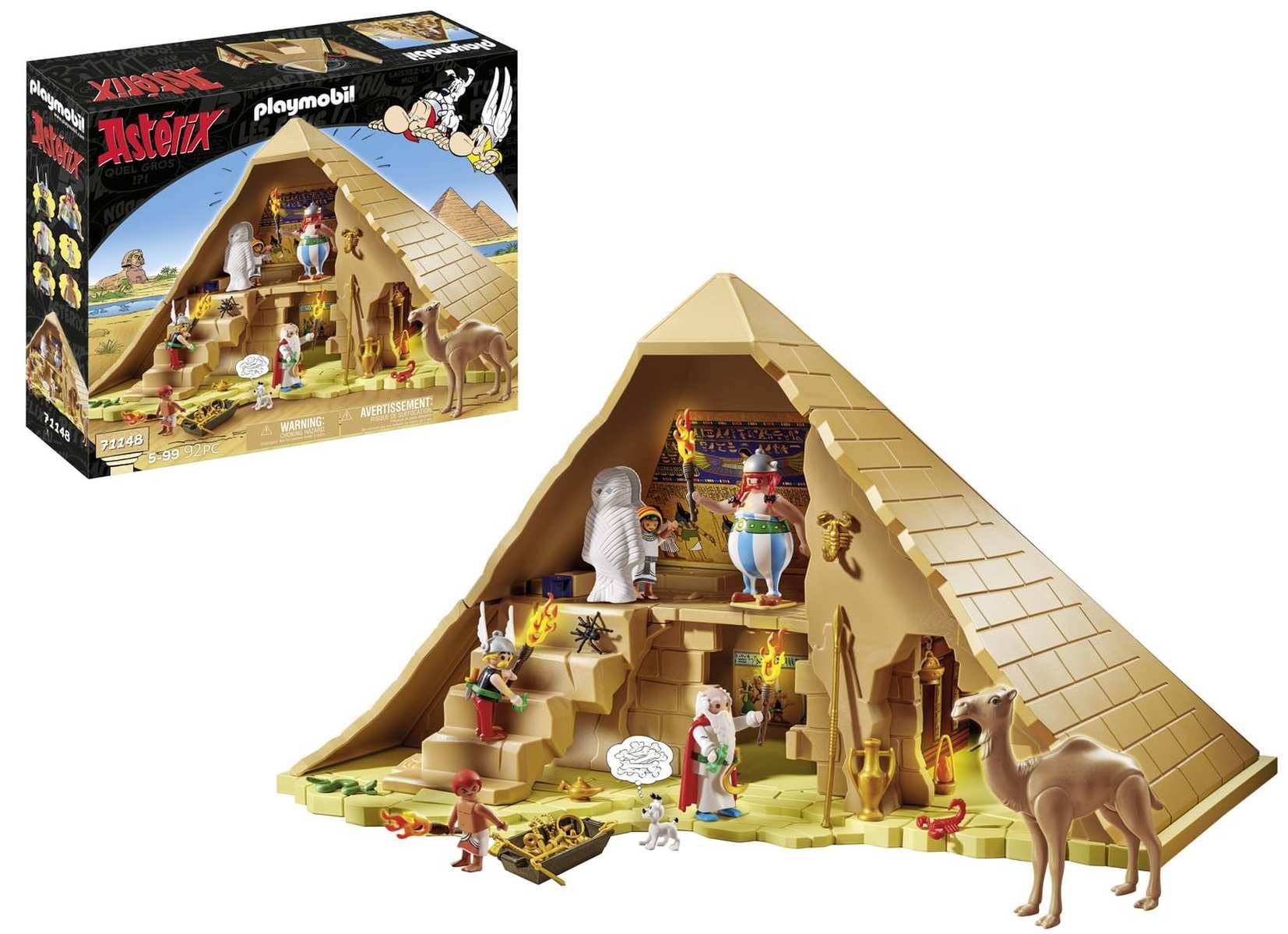 Playmobil Asterix Pyramidensatz mit Figuren, Innenkammern, Treppen, Fackeln und einem Kamel; Produktbox links abgebildet.