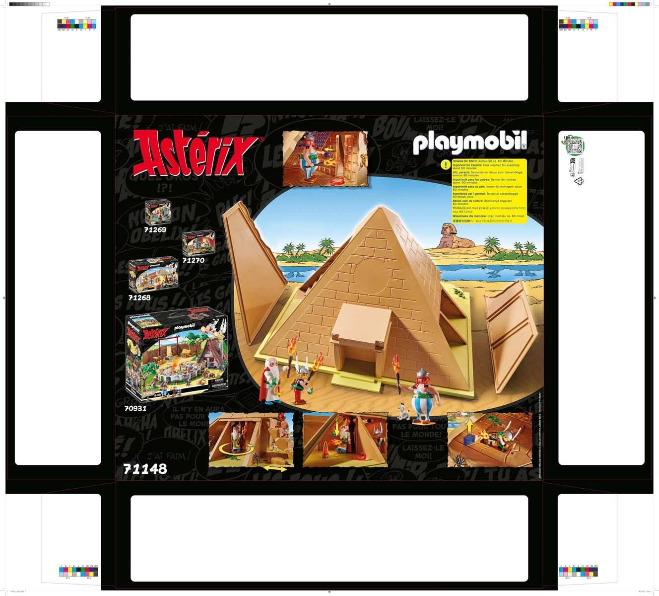 Playmobil Asterix Spielzeugset-Schachtelkunst, die ein großes dreieckiges ägyptisches Pyramiden-Spielset mit Figuren, Zubehör und kleinen eingefügten Szenen zeigt.