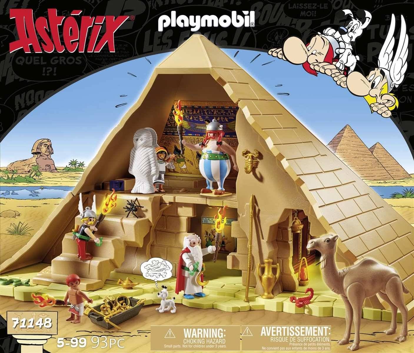 Asterix Playmobil Spielset, das das Innere einer ägyptischen Pyramide zeigt, mit Asterix, Obelix und anderen Figuren, sowie Kamel, Schätze und der Set-Nummer 71148.