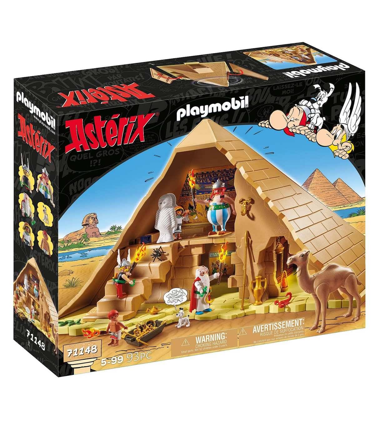 Schachtel für Playmobil Asterix-Set mit ägyptischem Pyramineninneren, Asterix-Figuren und Kamel; gekennzeichnet mit 71148, Altersangabe 5-99 Jahre, 93 Teile.