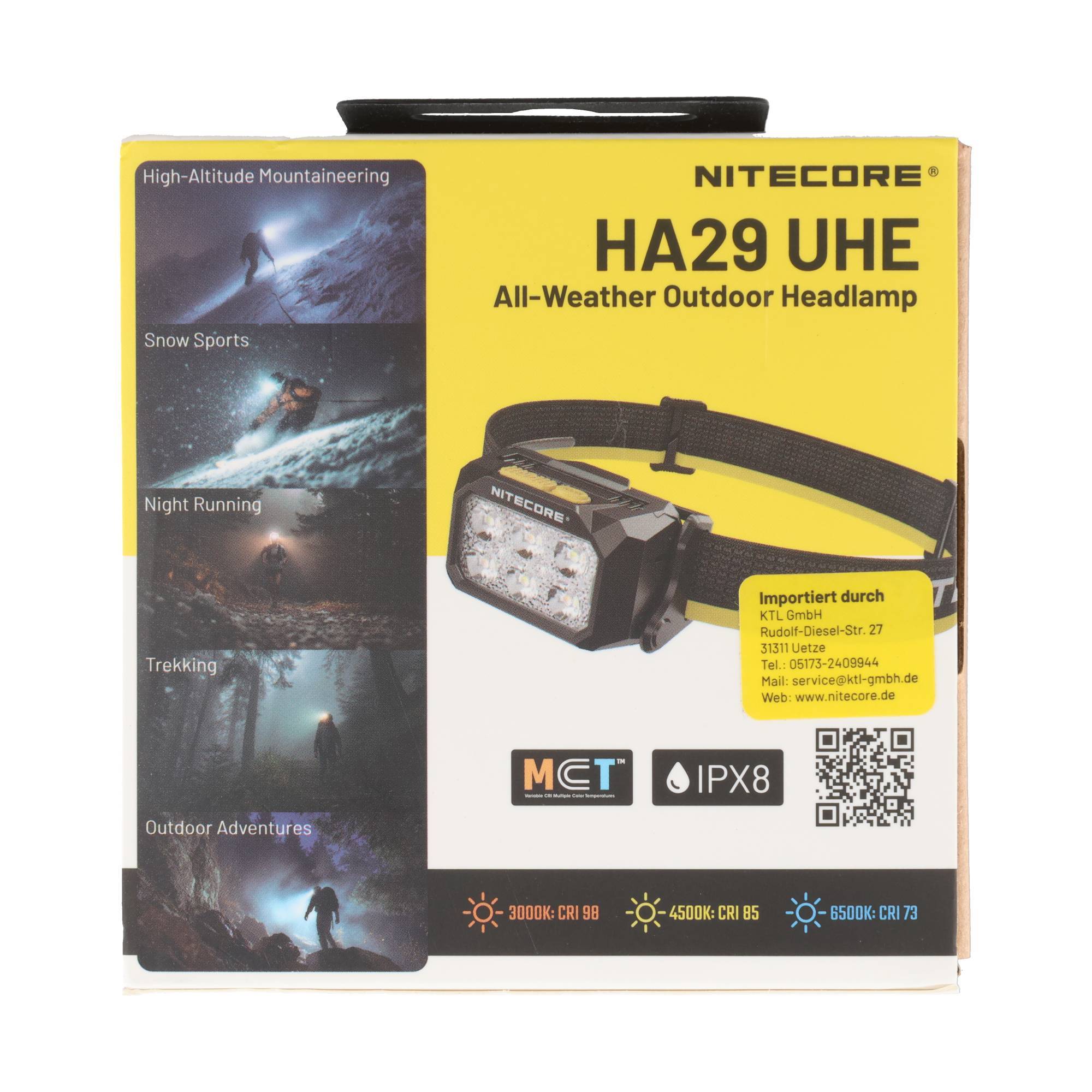 NITECORE HA29 UHE Stirnlampe für alle Wetterbedingungen im Freien, mit Bildern, die Anwendungen wie Wintersport, Nachtlauf, Trekking und Outdoor-Abenteuer zeigen.