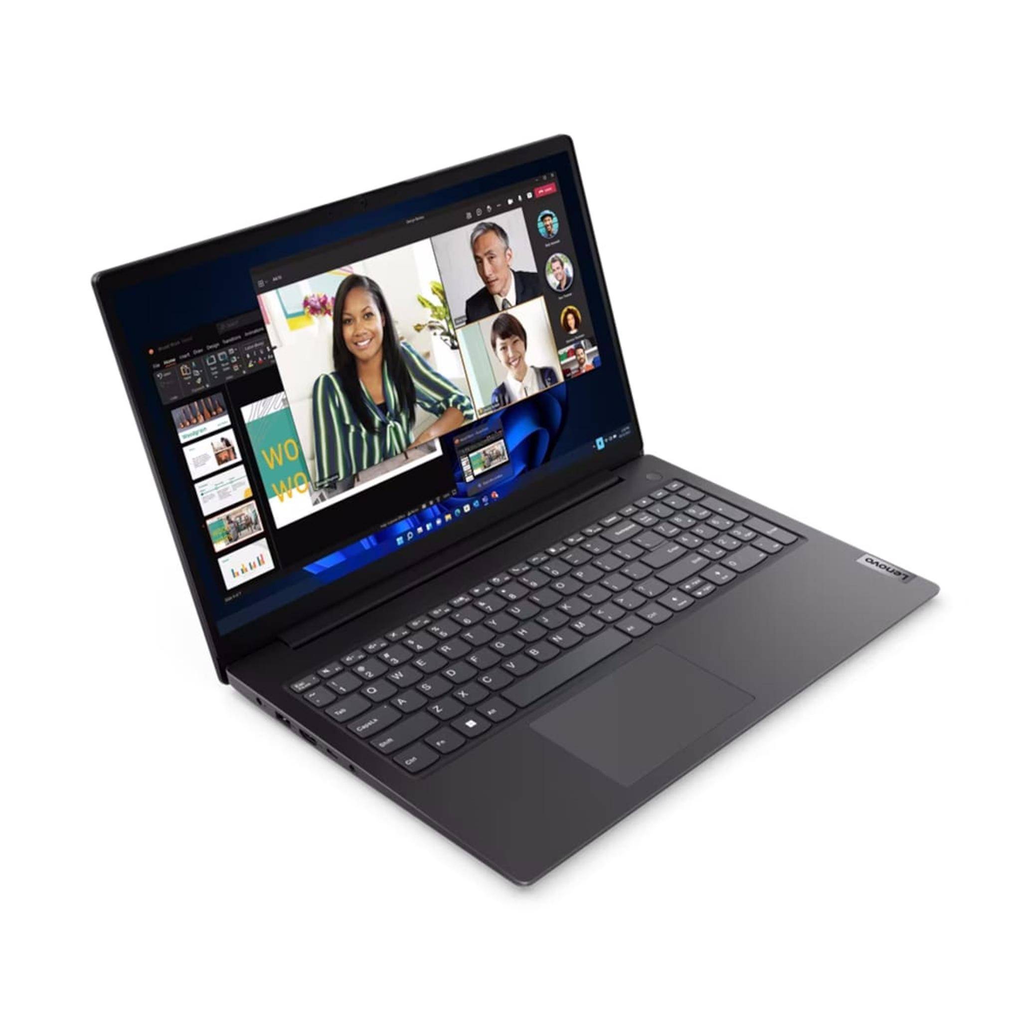 Schwarzer Laptop in einem Winkel geöffnet, zeigt eine Videokonferenz mit drei Personen auf dem Bildschirm und eine Windows-ähnliche Desktop-Oberfläche.