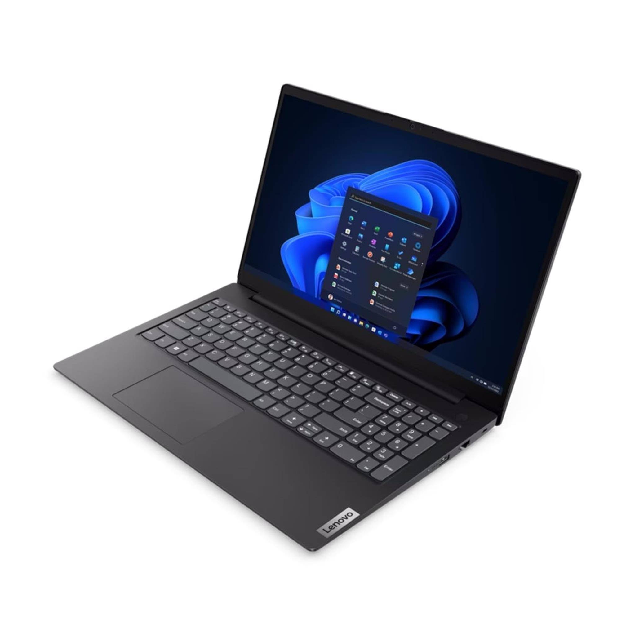 Schwarzer Lenovo-Laptop, der auf weißem Hintergrund geöffnet ist und den Windows 11-Desktop und das Startmenü auf dem Bildschirm zeigt.