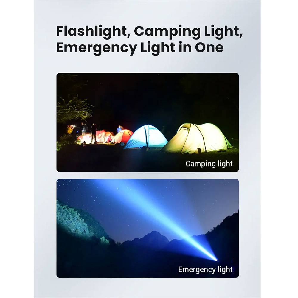 Werbegrafik, die eine Taschenlampe als Campinglampe und Notfallleuchte zeigt, mit Fotos von beleuchteten Zelten in der Nacht und einem Lichtstrahl über Bergen unter der Überschrift "Taschenlampe, Campinglampe, Notfallleuchte in einer"".